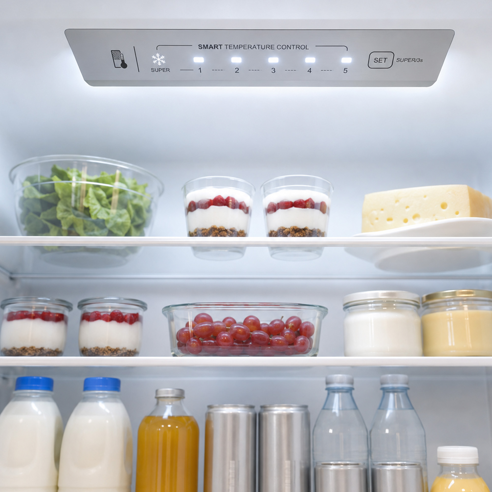 Un réfrigérateur bien rangé rempli d'aliments comme de la salade, du yaourt, du fromage, des fruits et des boissons.