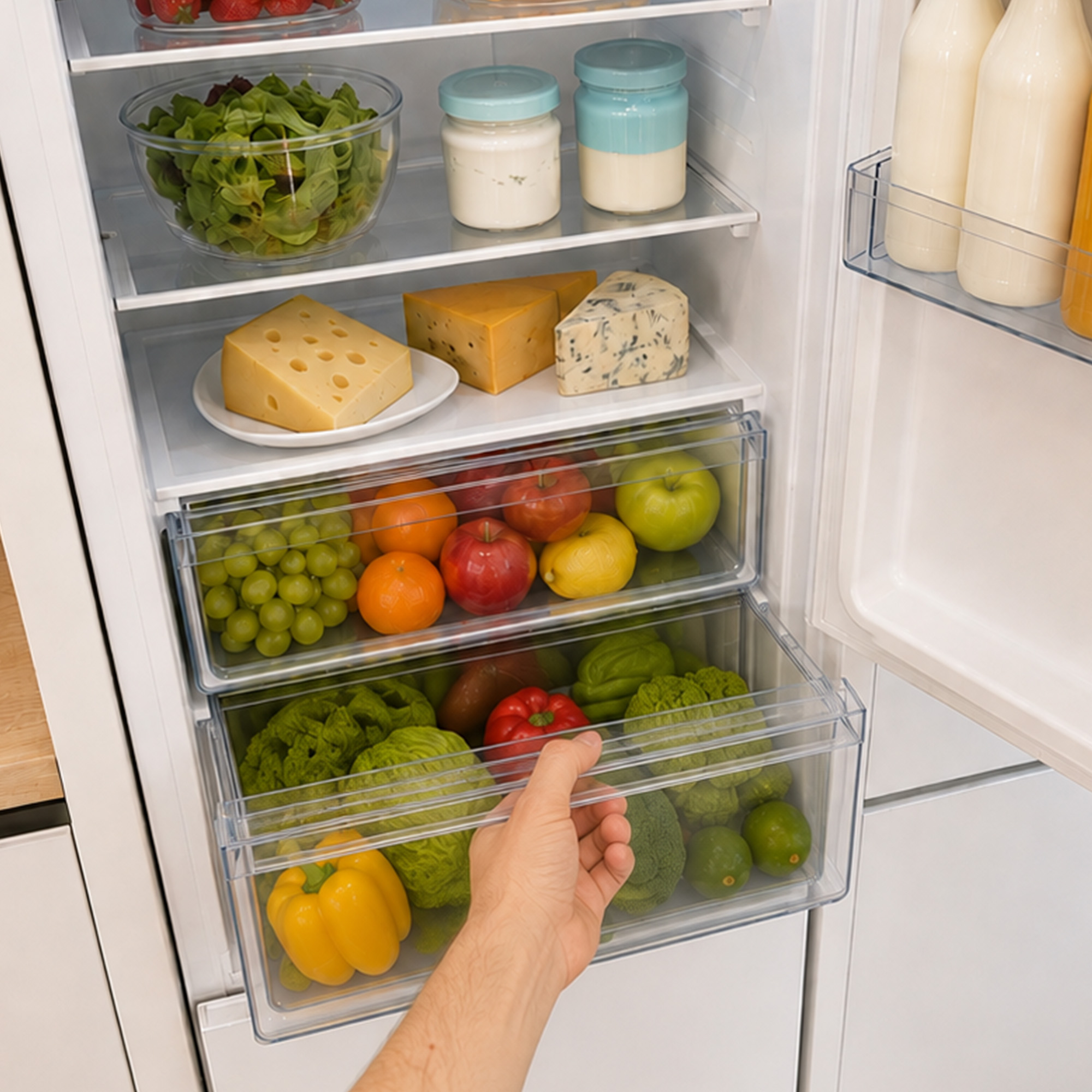 Une main ouvre un réfrigérateur rempli de salade fraîche, de fromage, de bocaux, de fruits et de légumes.