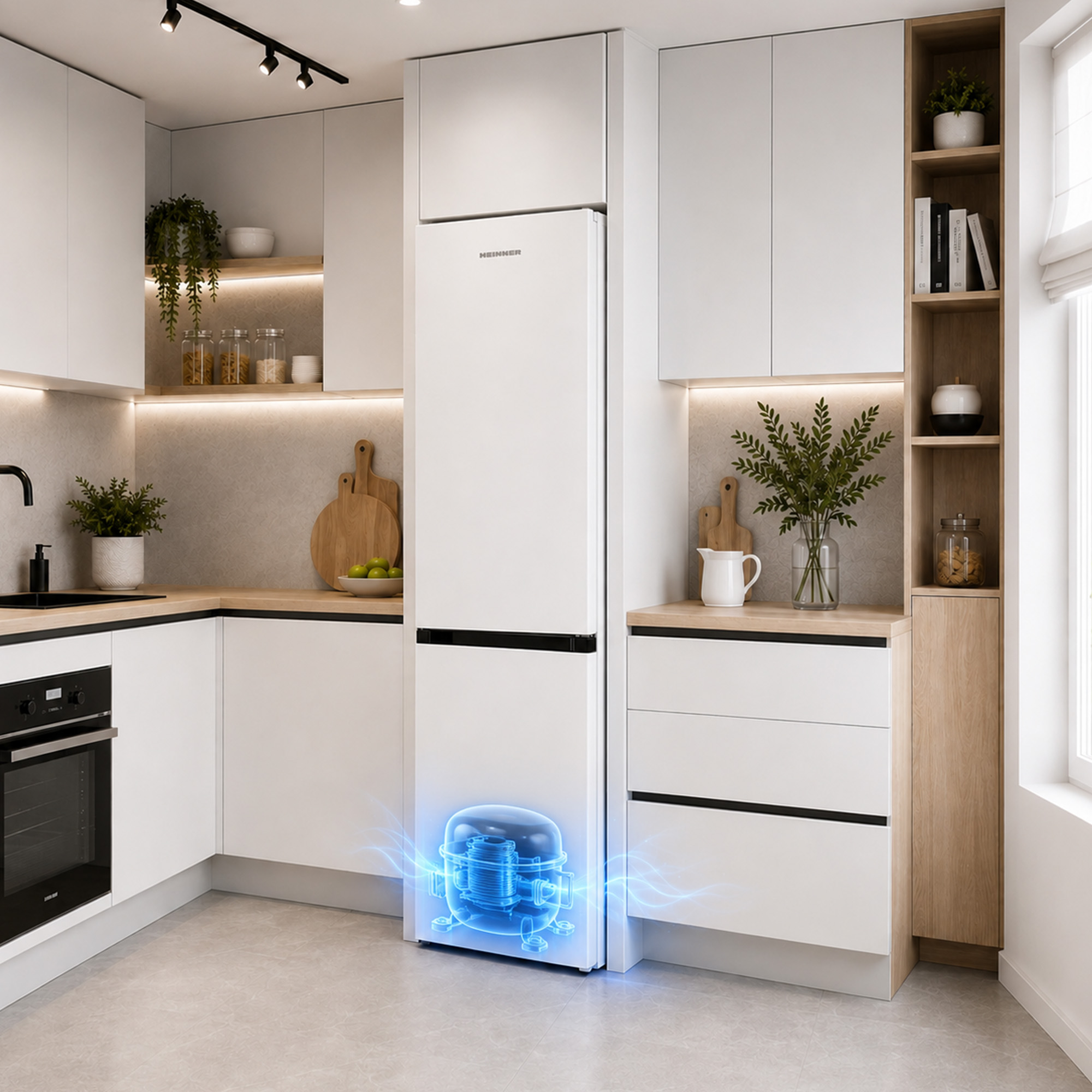 Cuisine moderne avec des meubles blancs et un réfrigérateur dont le compresseur est surligné en bleu.