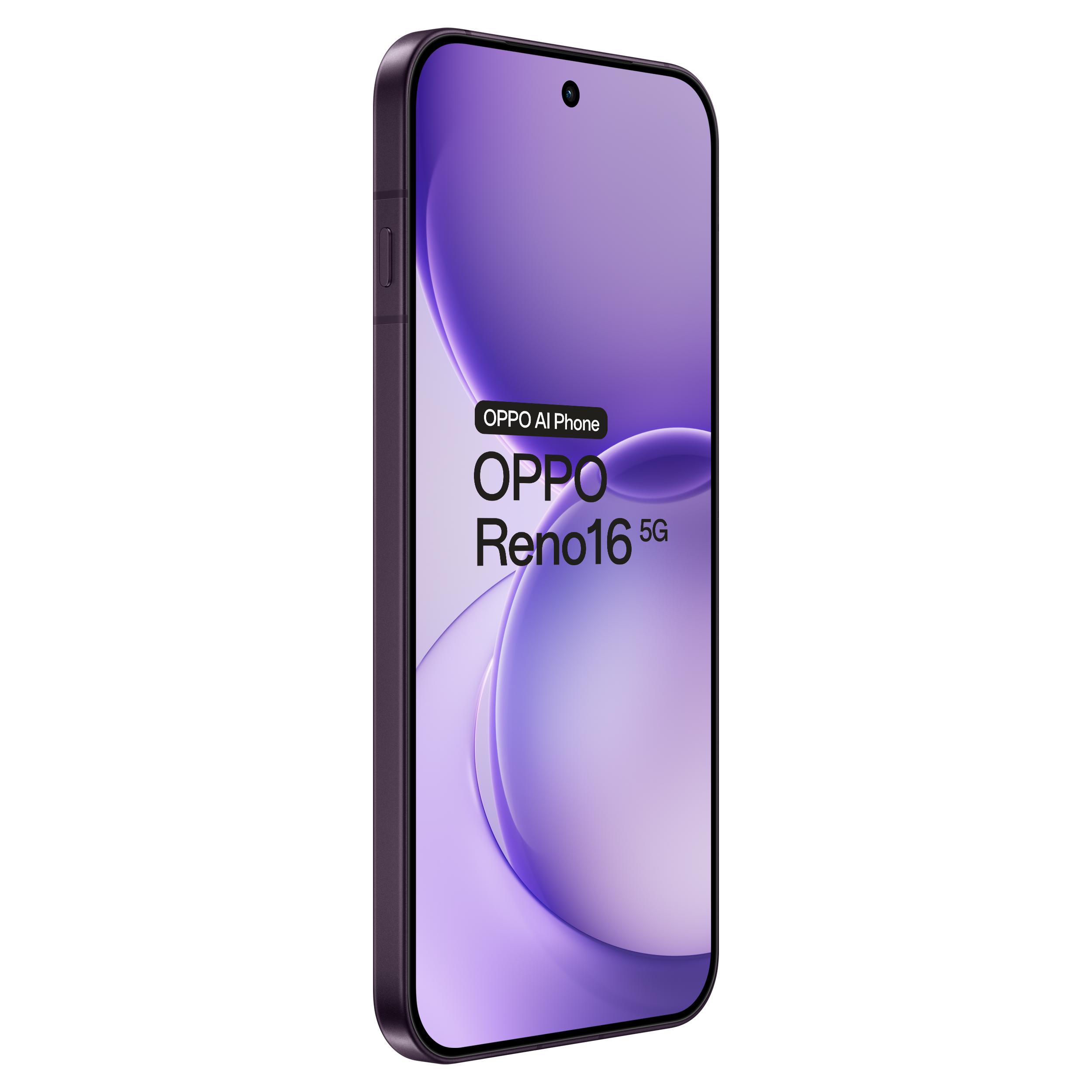 Smartphone viola Oppo Reno16 5G su sfondo nero con schermo attivo.