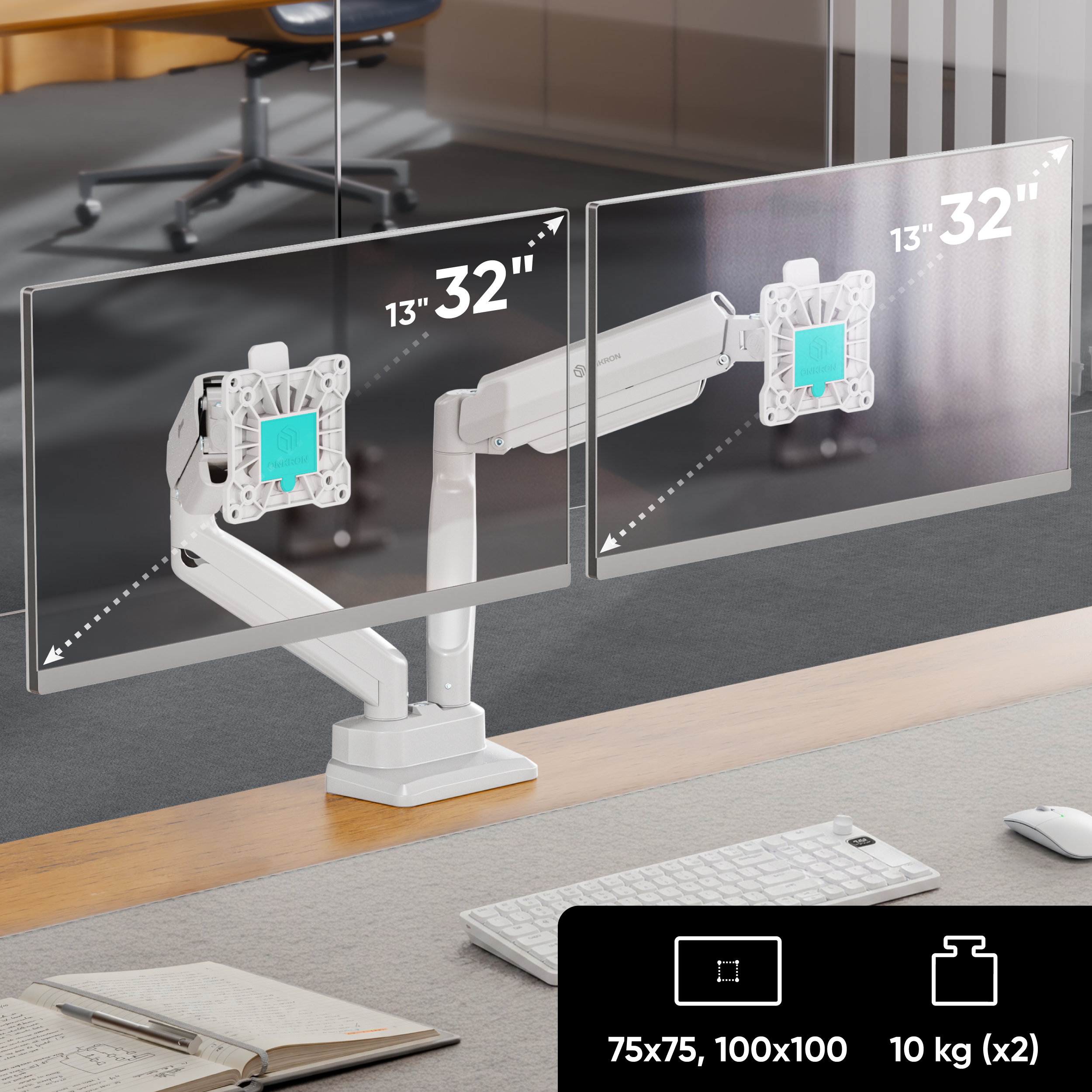 Weißer Doppel-Monitorarm auf einem Holzschreibtisch für Bildschirme von 13 bis 32 Zoll.