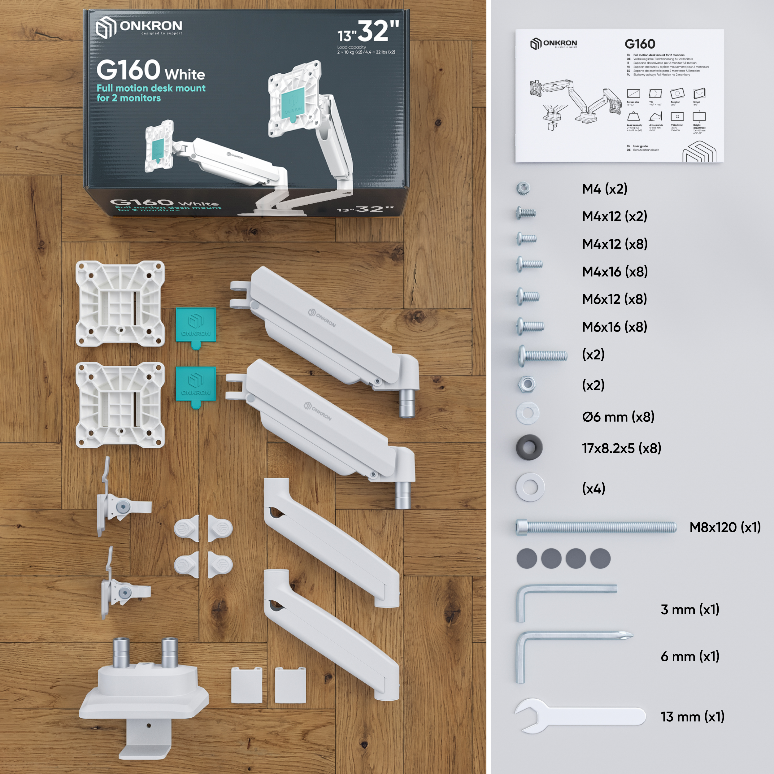 Auf weißem und Holzgrund liegen Teile einer weißen Monitorhalterung, Werkzeuge und eine Produktverpackung.