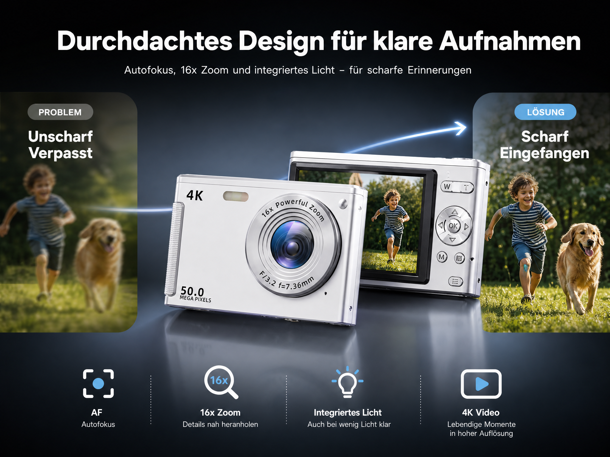 Werbebild für eine silberne 4K-Kamera mit Autofokus, 16x Zoom und integriertem Licht, die unscharfe und scharfe Fotos vergleicht.