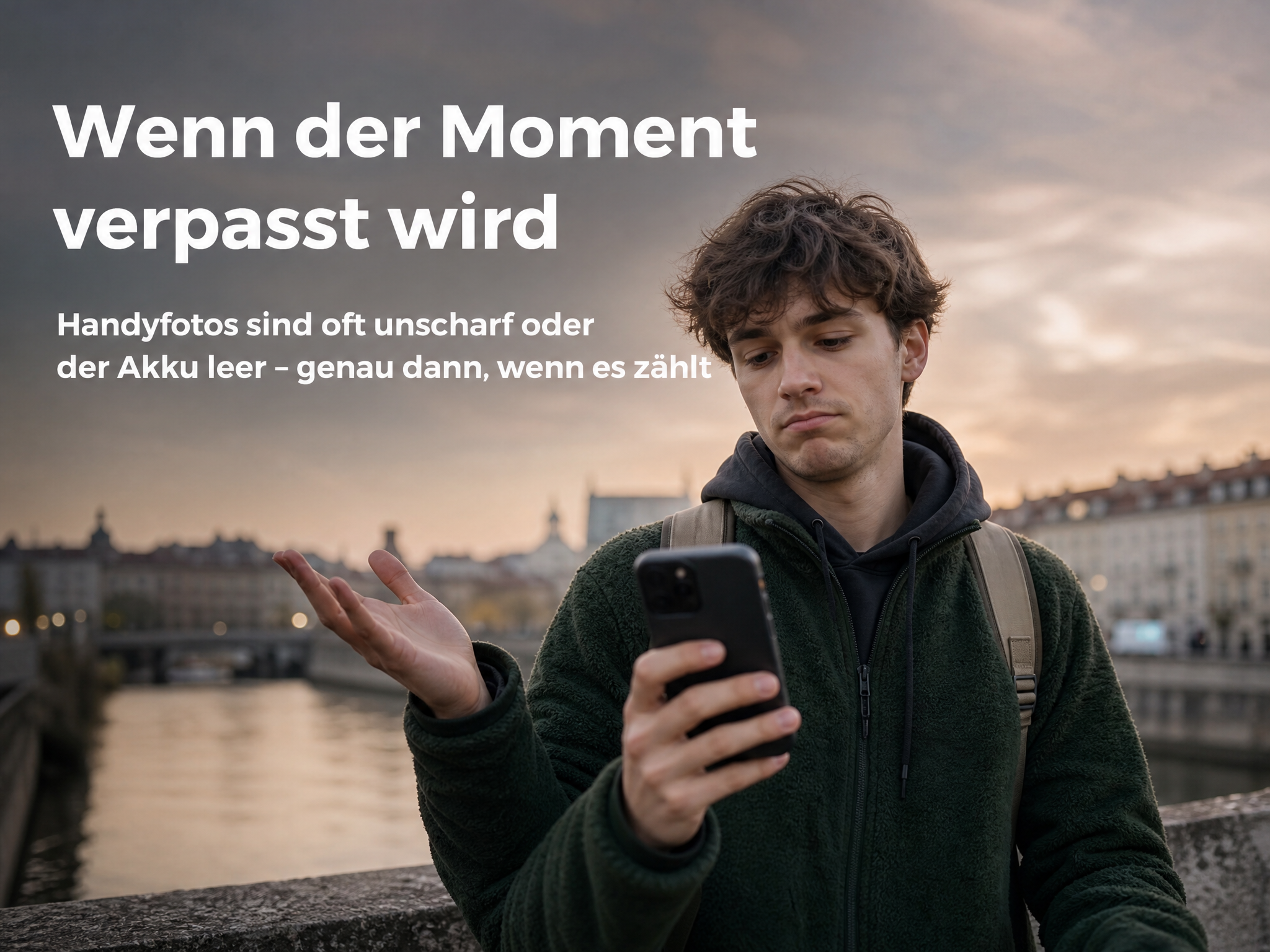 Ein junger Mann schaut ratlos auf sein Smartphone in einer Stadtlandschaft bei Dämmerung.