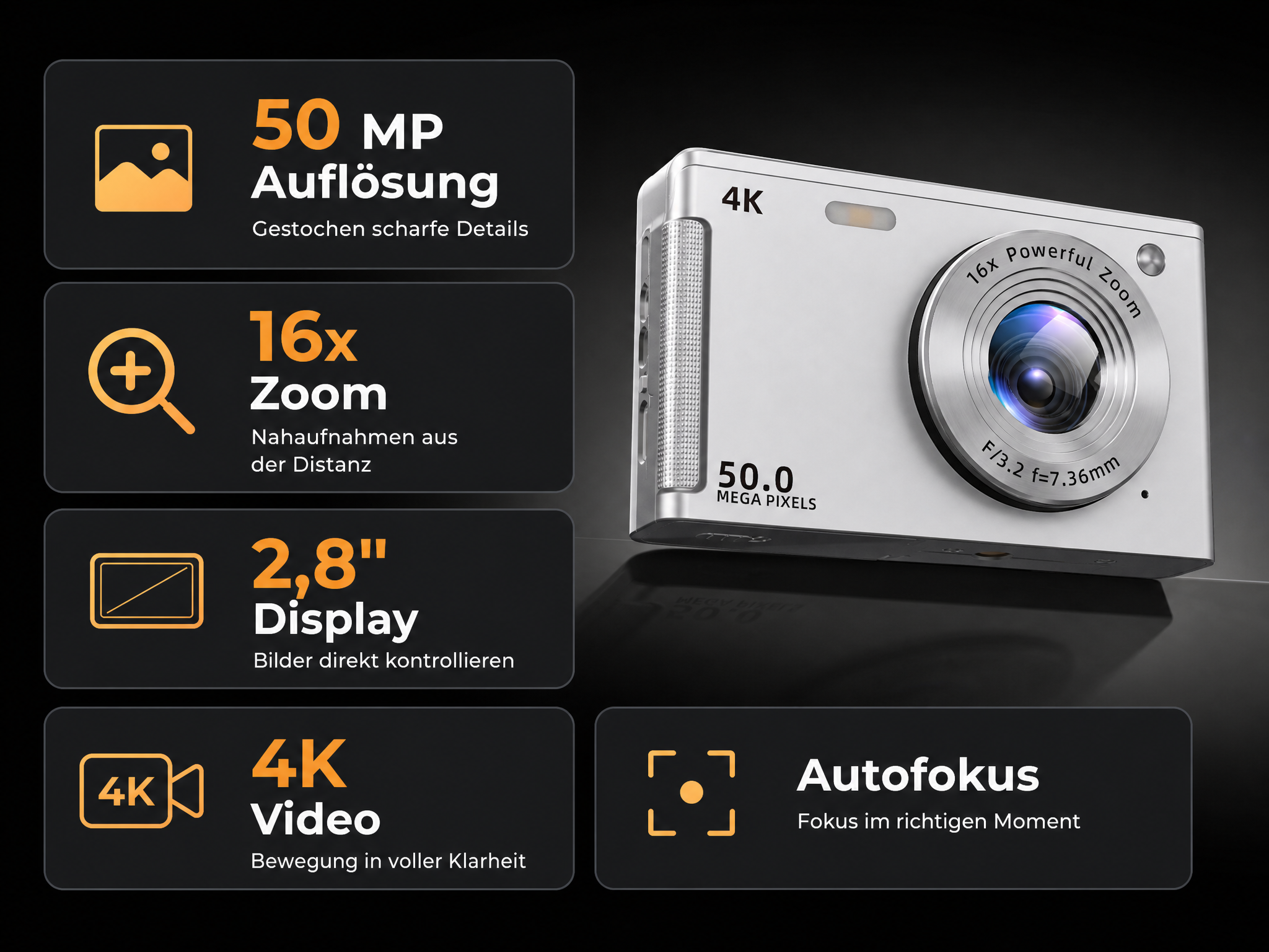 Eine silberne Digitalkamera mit 50MP, 16x Zoom, 2.8" Display, 4K Video und Autofokus.
