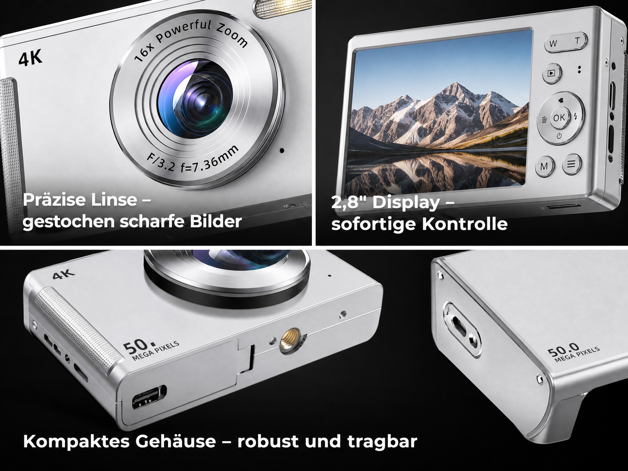 Eine silberne Kompaktkamera mit Linse, Display, Bodenansicht und deutscher Textüberlagerung.