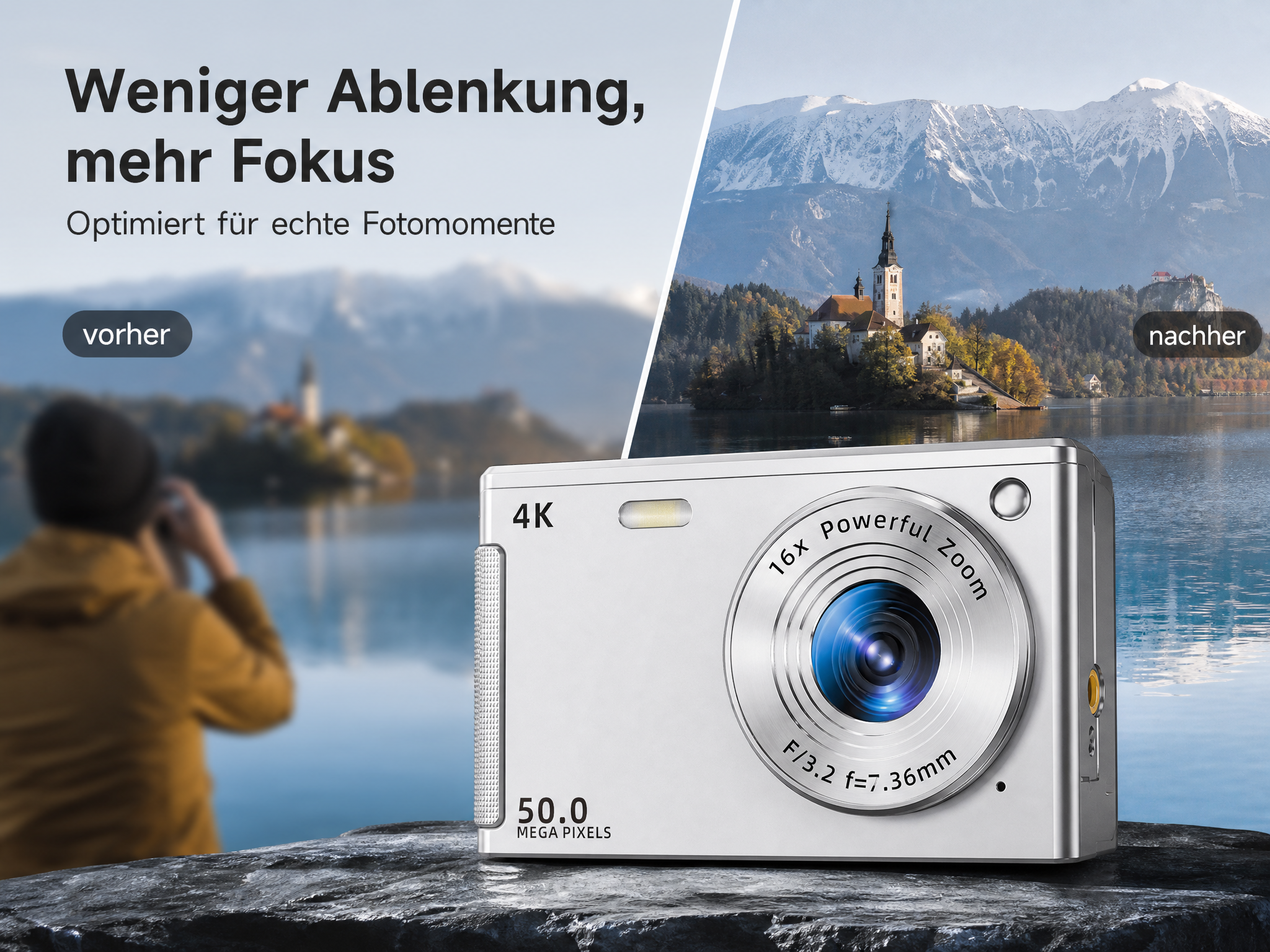 Silberne 4K-Kamera auf Felsen, verglichen mit verschwommenem Hintergrund und scharfem See- und Bergmotiv.