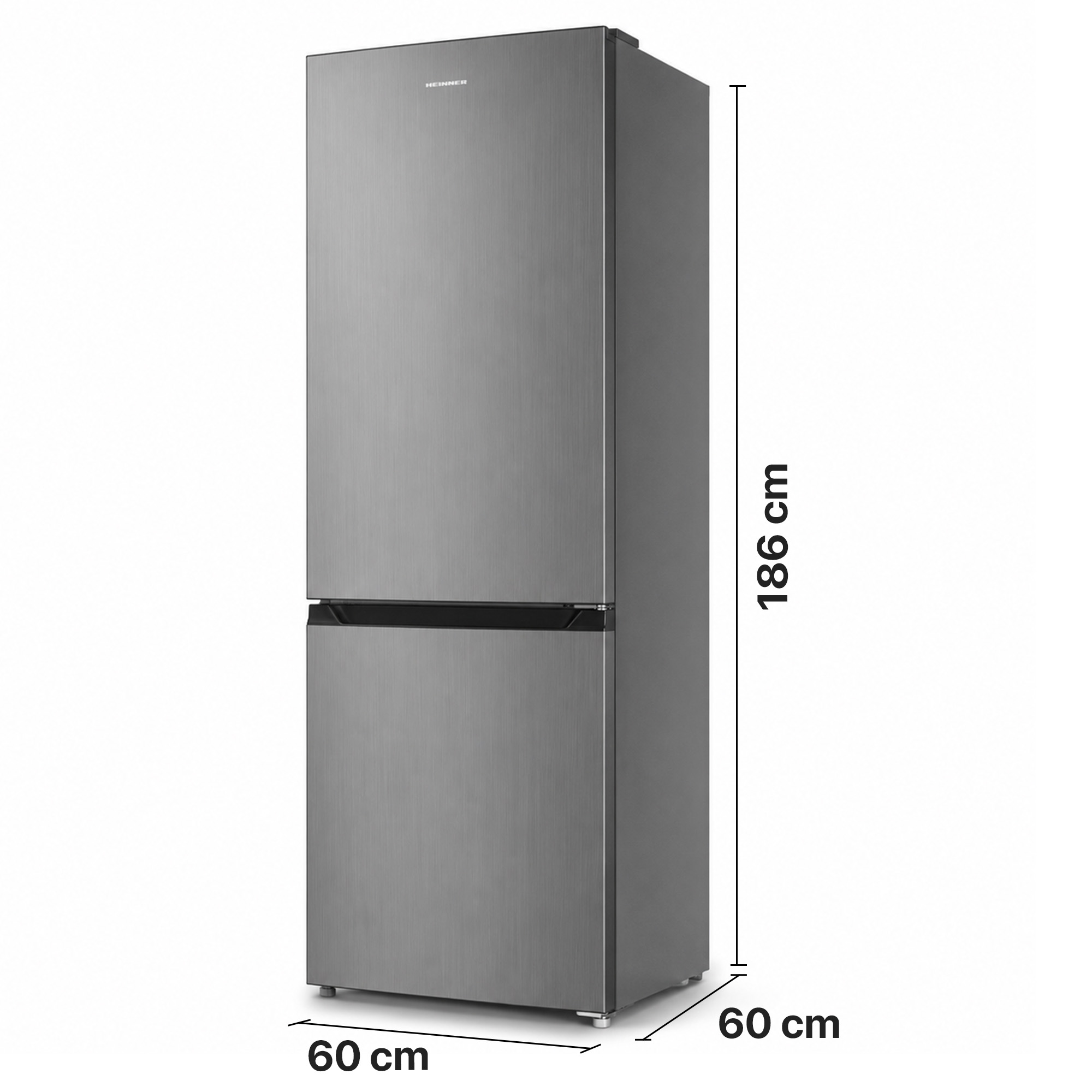 Un réfrigérateur gris foncé avec les dimensions : 186 cm de haut, 60 cm de large et 60 cm de profondeur.