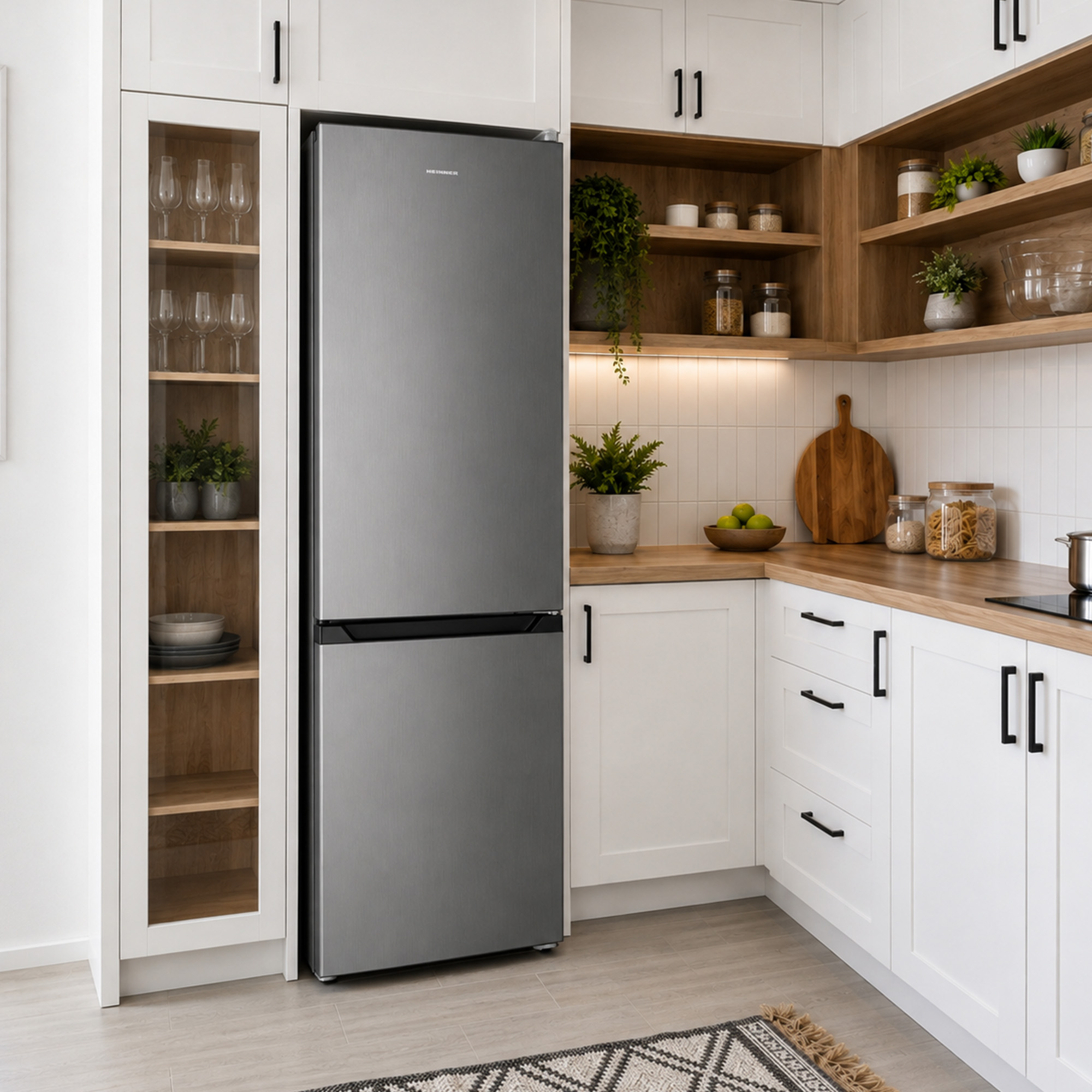 Cuisine blanche moderne avec réfrigérateur en acier inoxydable, étagères en bois et ustensiles.