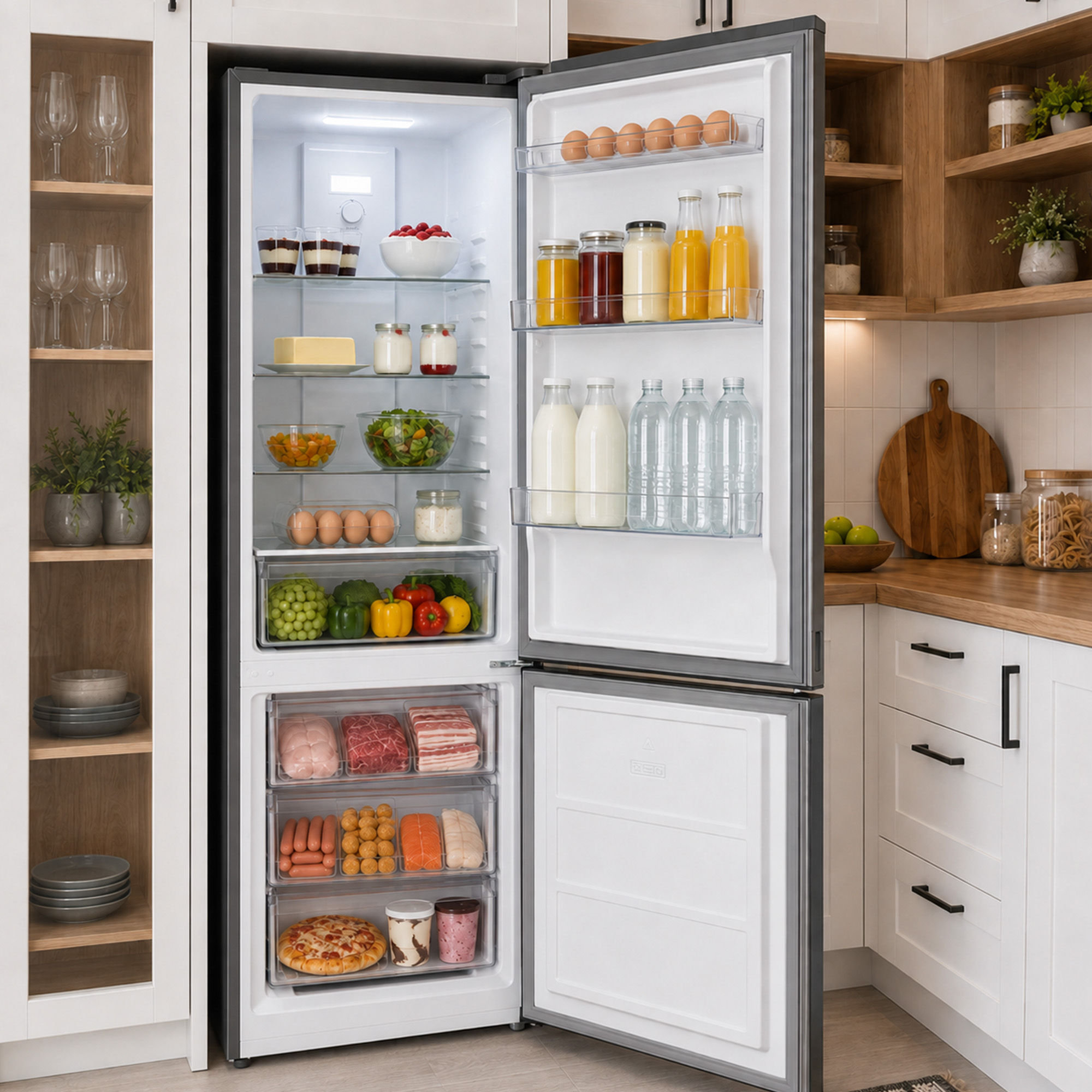 Un réfrigérateur ouvert rempli d'aliments frais comme des fruits, des légumes, de la viande et des boissons.