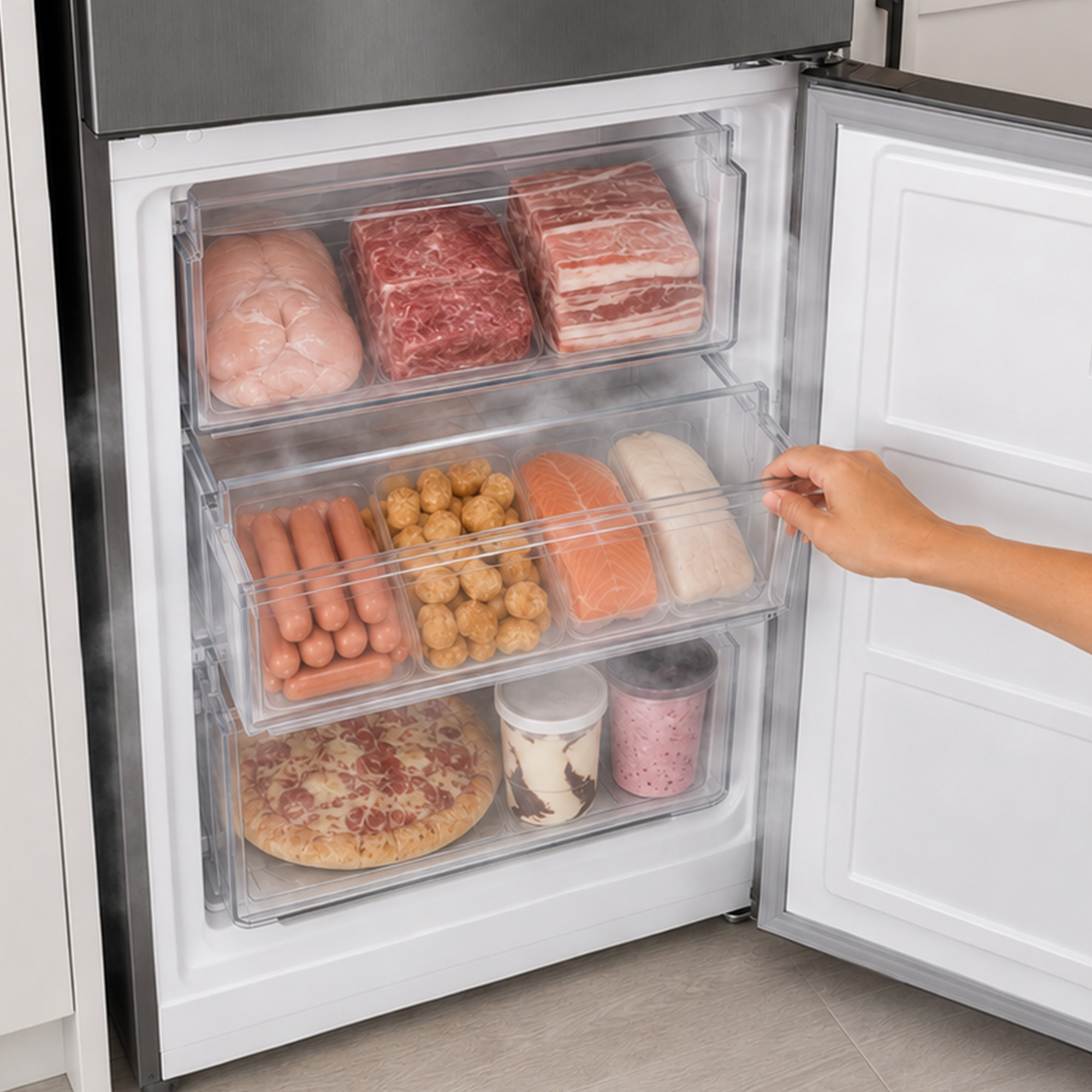Congélateur ouvert rempli de viande, poisson, pizza et glace surgelés dans des tiroirs.