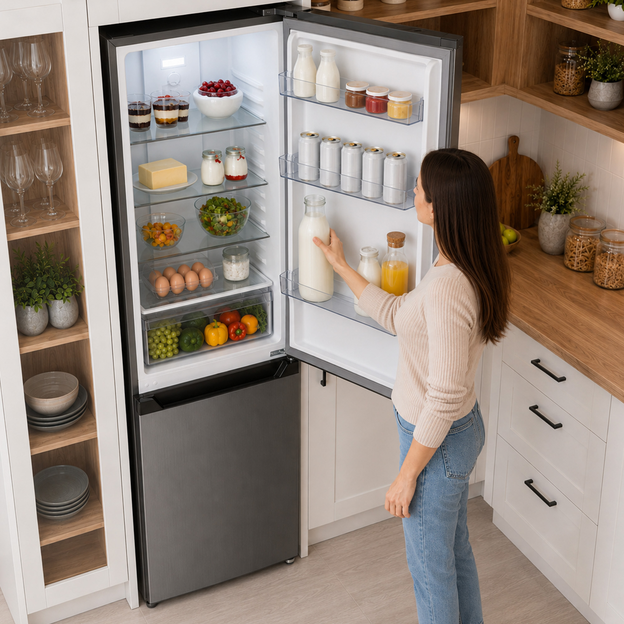 Une femme dans une cuisine attrape une bouteille de lait dans un réfrigérateur ouvert et bien approvisionné.