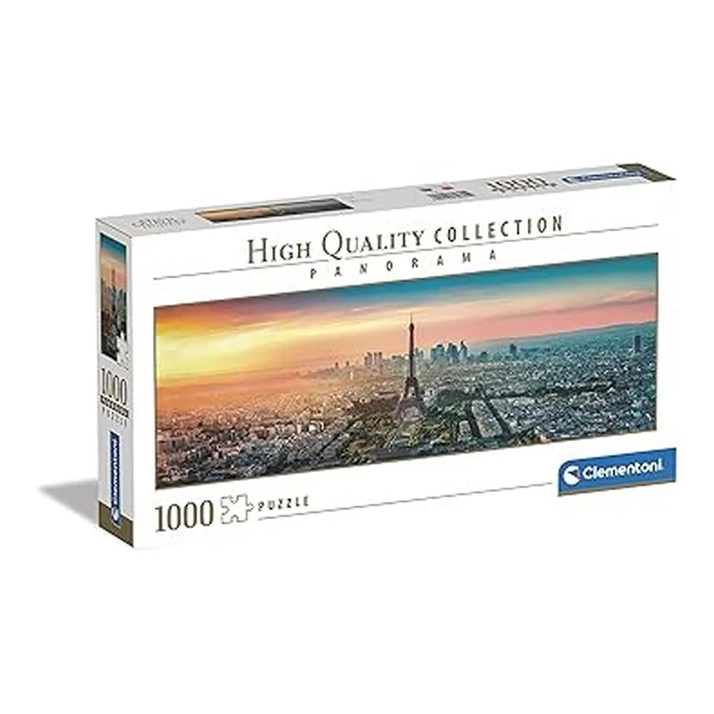 Una caja de puzle panorámico de 1000 piezas de Clementoni con el horizonte de París al atardecer.
