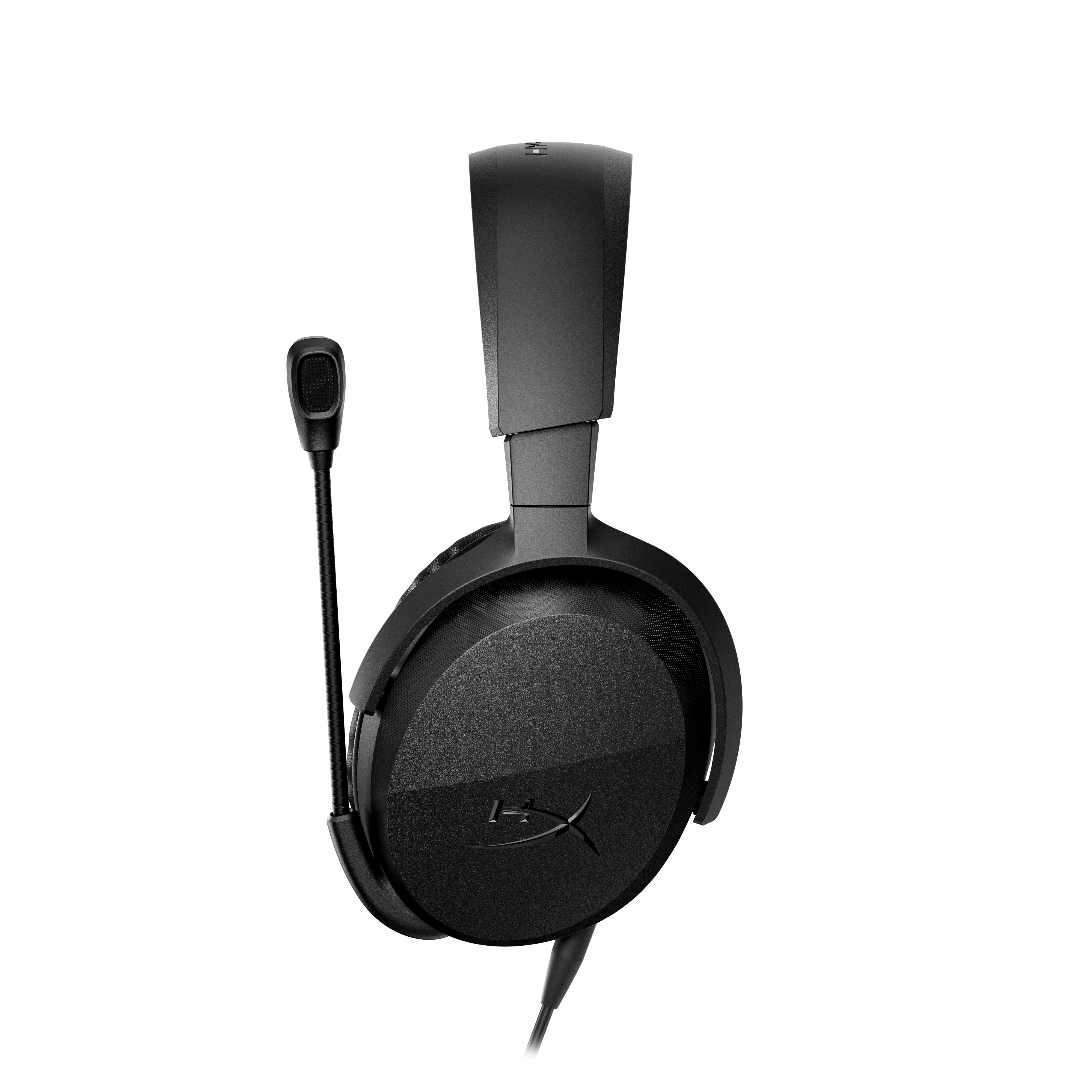 Cuffie over-ear nere con microfono collegato su uno sfondo bianco.