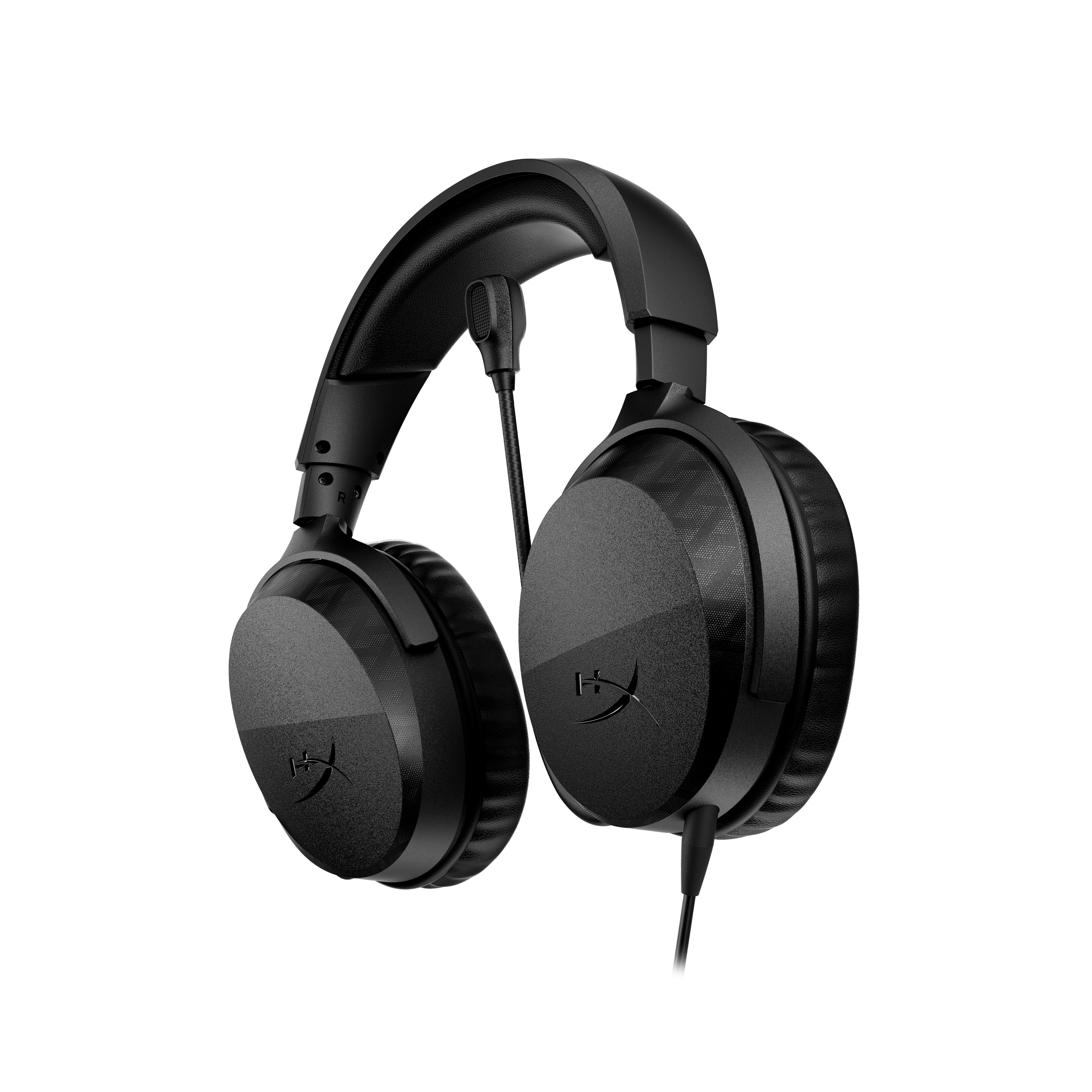 Un paio di cuffie da gioco nere over-ear con microfono attaccato su sfondo bianco.