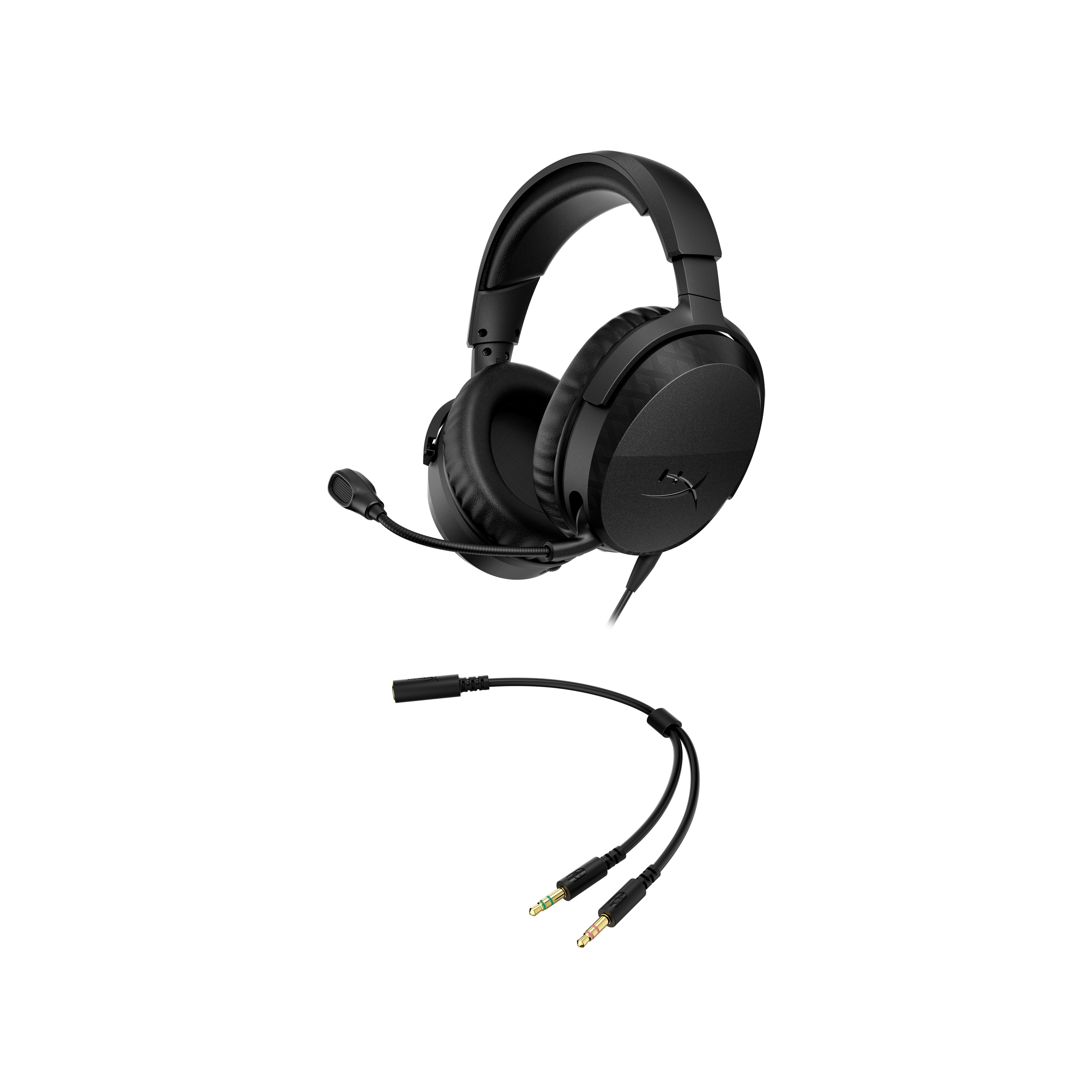 Cuffie da gioco nere con microfono collegato e cavo sdoppiatore PC sotto su sfondo bianco.