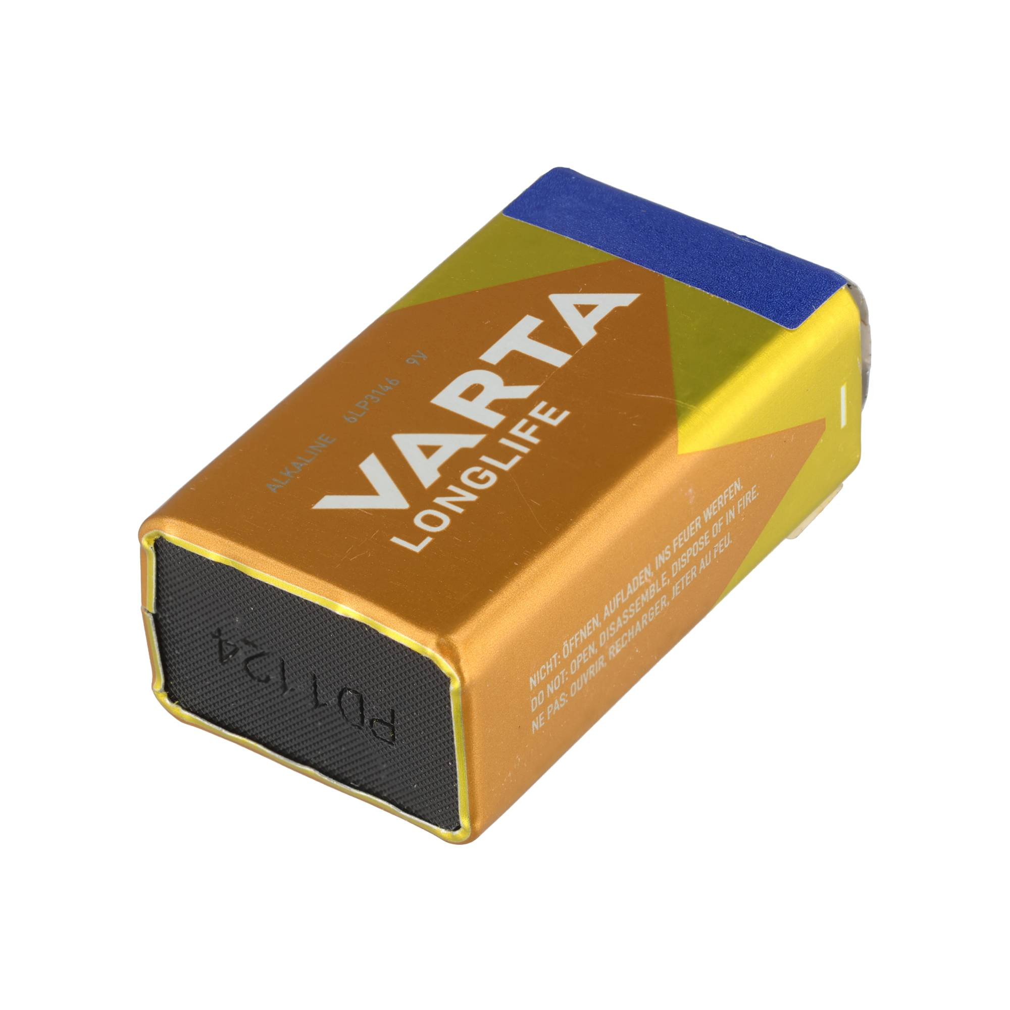 Eine rechteckige 9V-Varta-Batterie mit gelb-blauer Beschriftung und Warnhinweisen auf weißem Hintergrund.