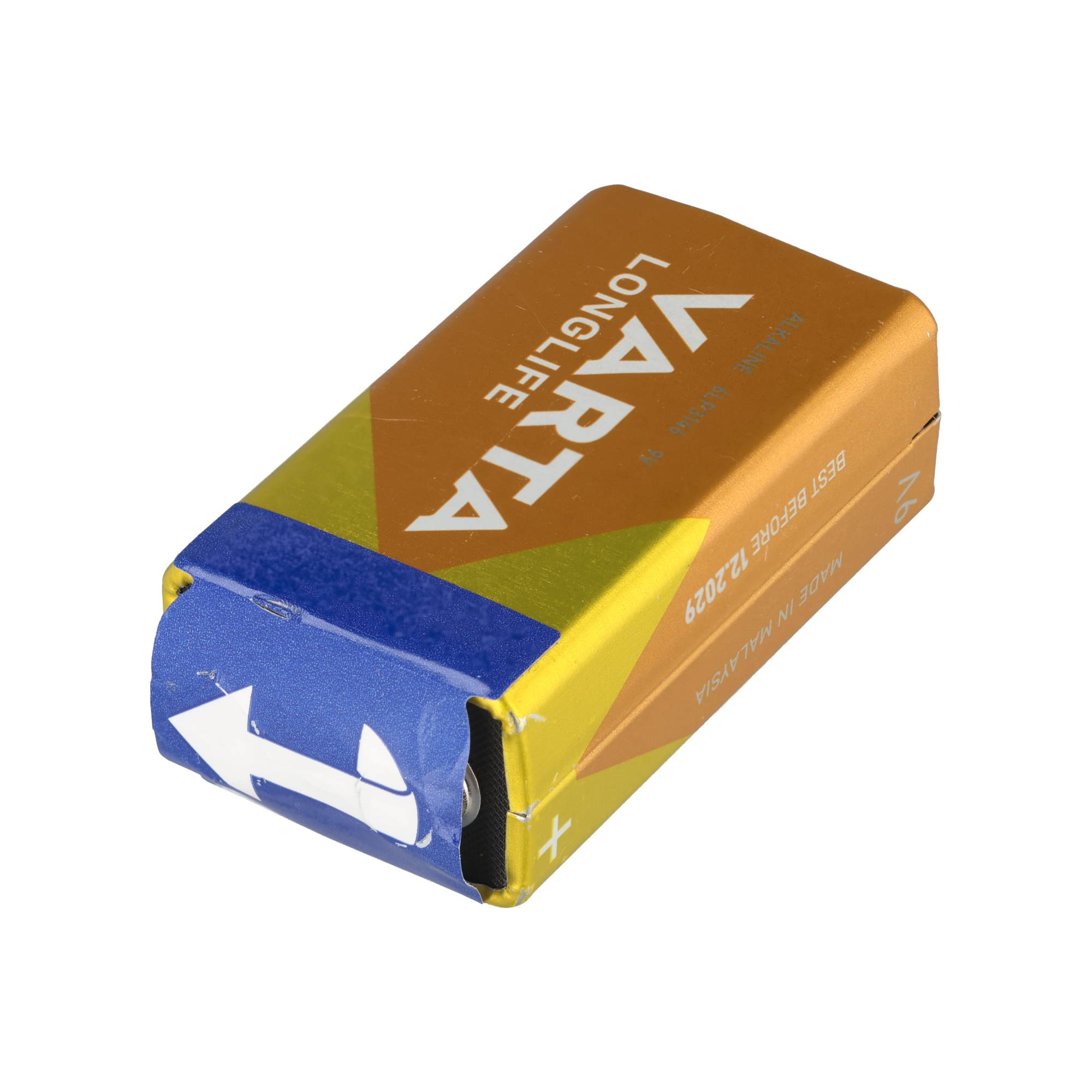 Eine rechteckige, gelb-blaue Varta 9V-Alkalibatterie mit weißer Aufschrift vor weißem Hintergrund.