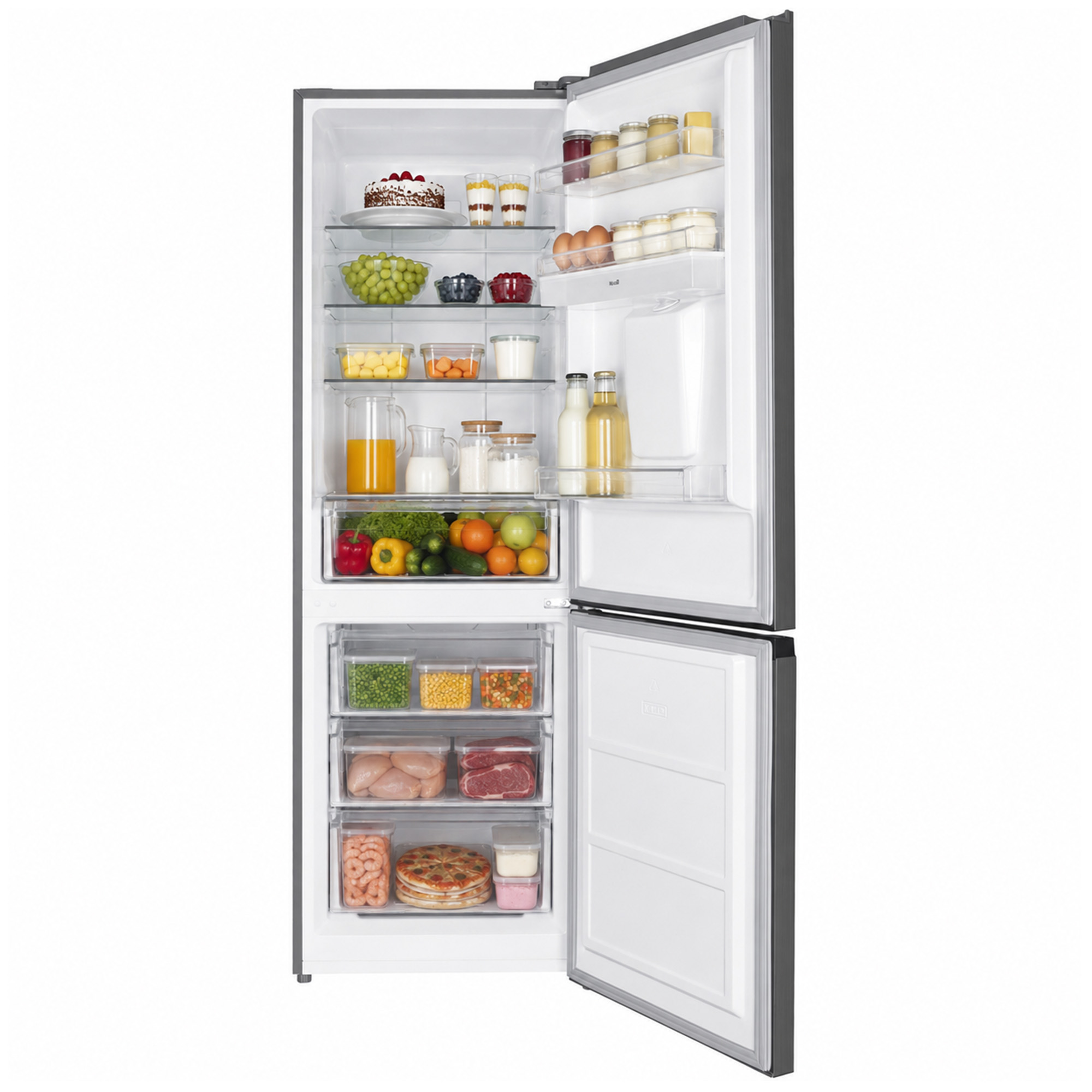 Un réfrigérateur argenté entièrement rempli avec des portes ouvertes, rempli de fruits frais, de légumes, de viande et de boissons.