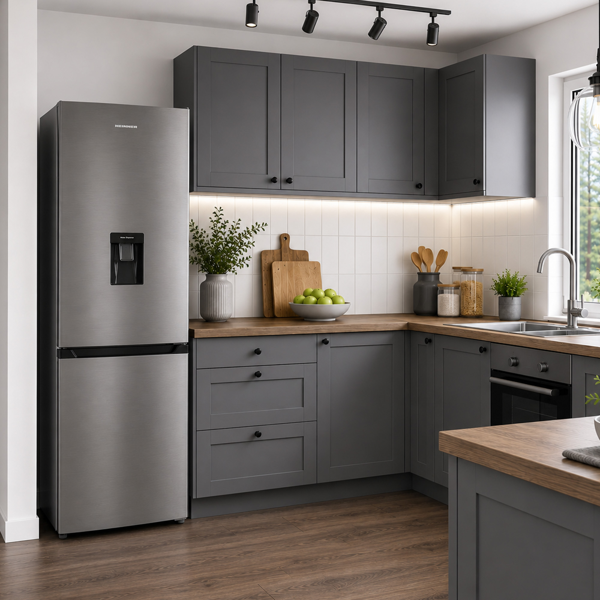 Cuisine moderne avec placards gris, réfrigérateur en inox, plan de travail en bois et crédence blanche.