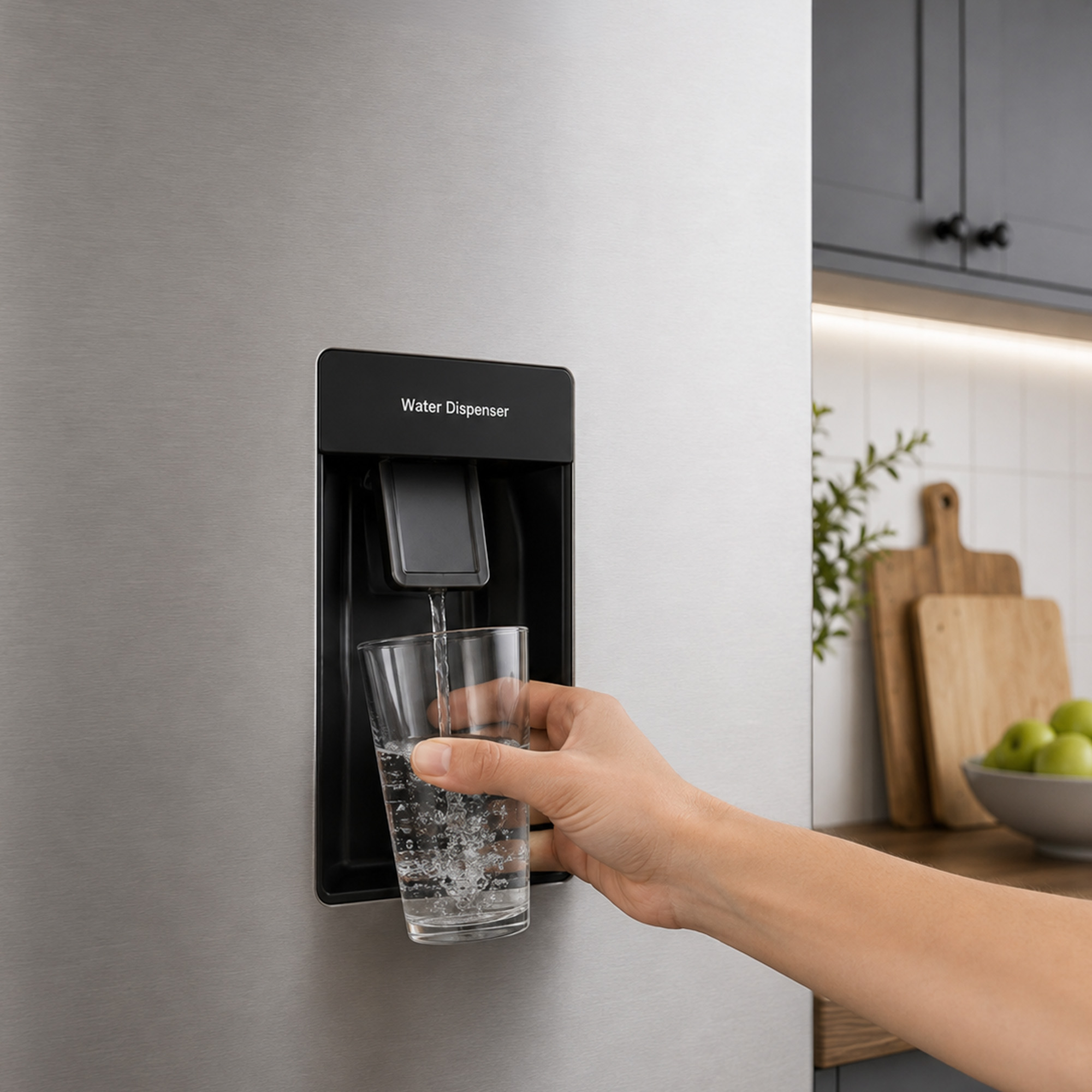 Une main remplit un verre d'eau au distributeur d'un réfrigérateur.