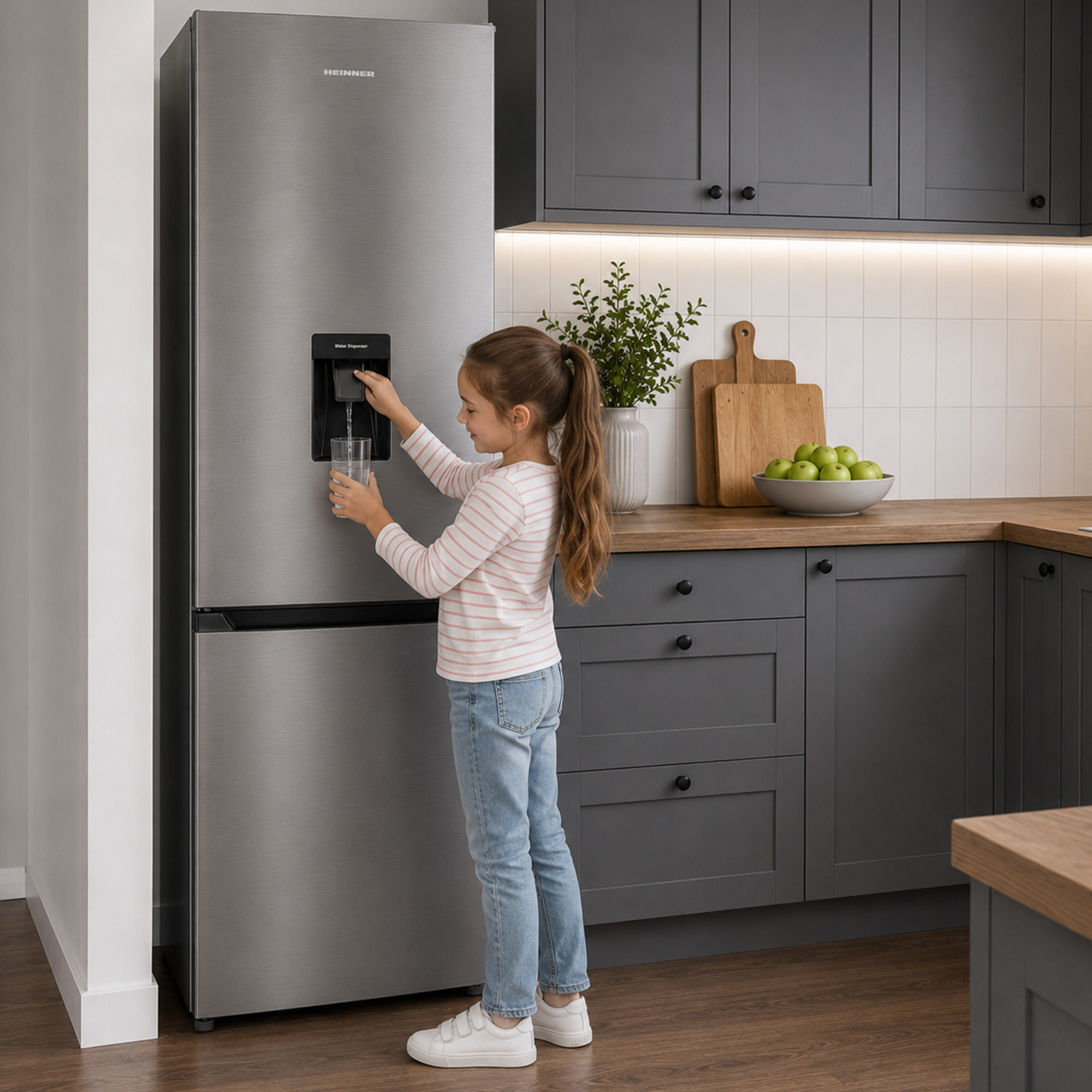 Une jeune fille verse de l'eau d'un réfrigérateur dans un verre dans une cuisine moderne.
