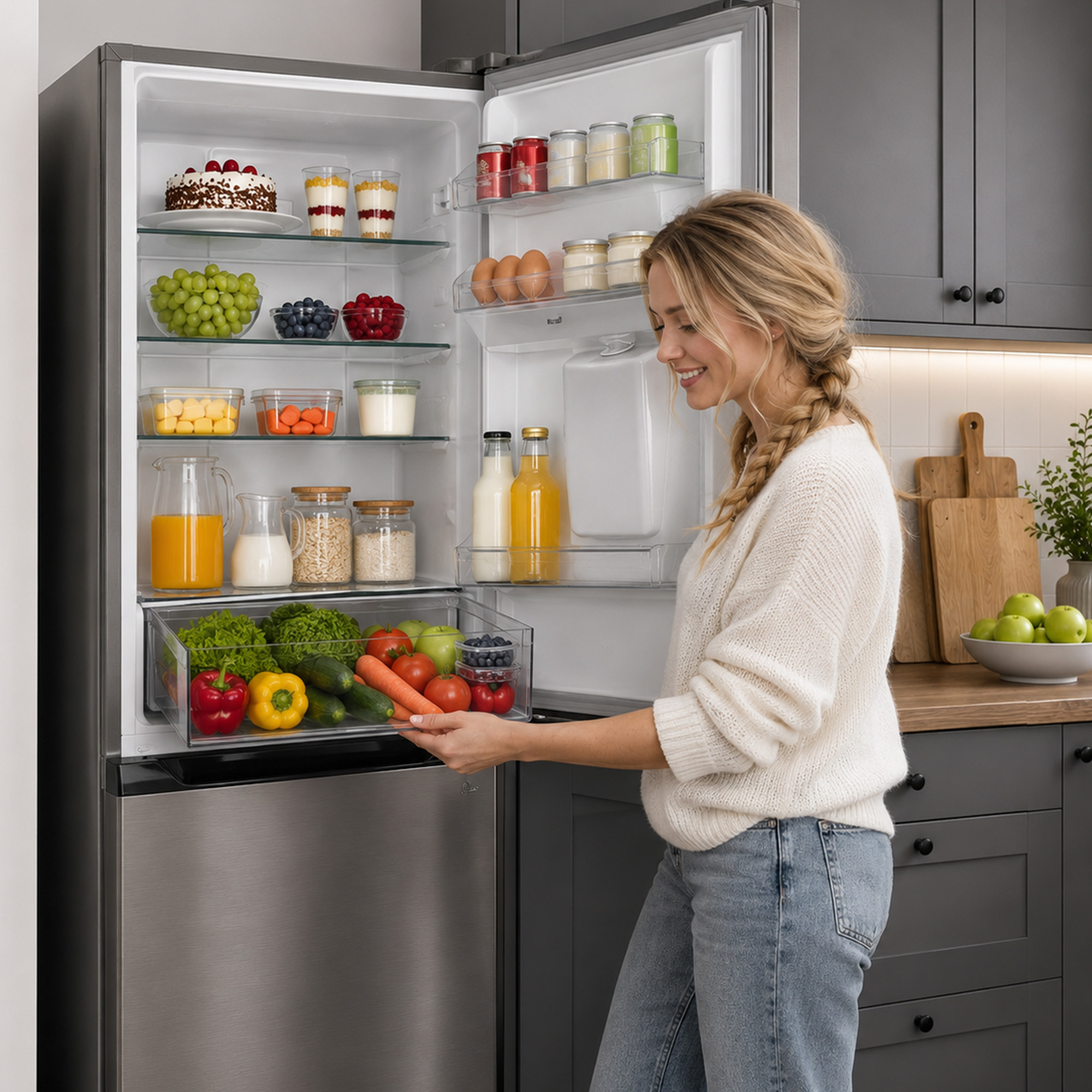 Une femme blonde ouvre le bac à légumes rempli d'un grand réfrigérateur en acier inoxydable dans une cuisine moderne.