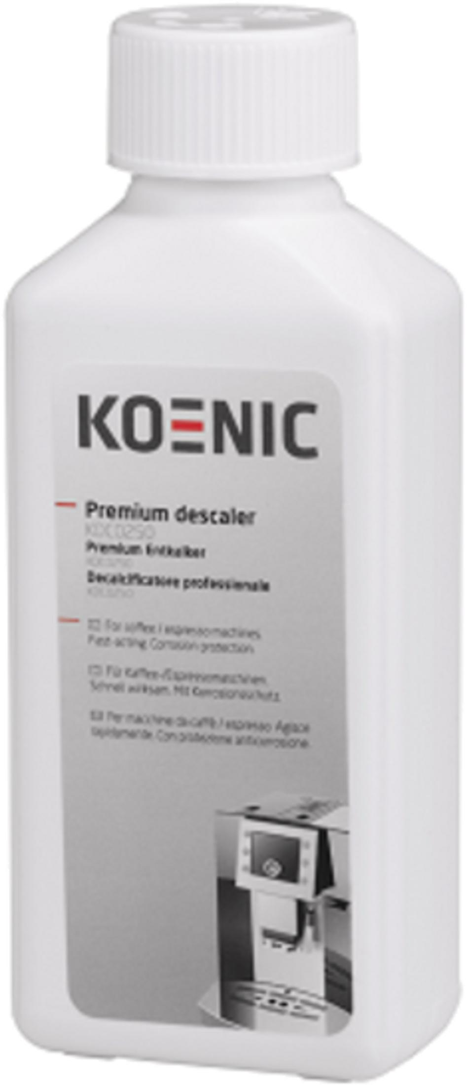 Eine weiße Flasche Koenic Premium-Entkalker mit weißem Deckel und Produktetikett.