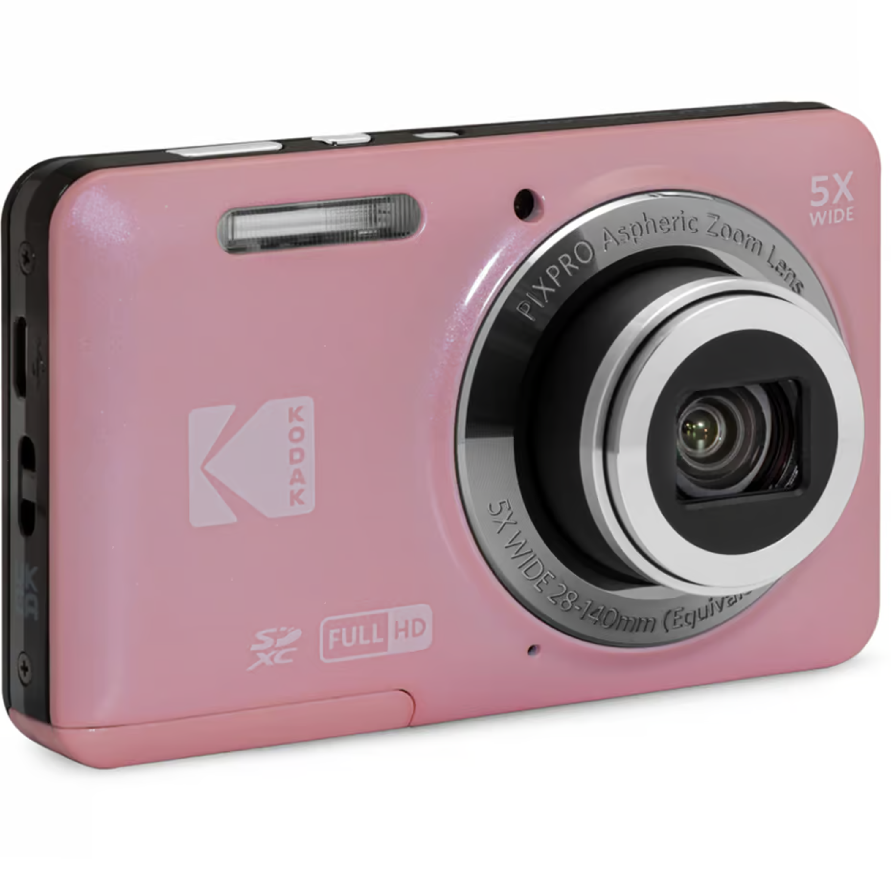 Eine rosa Kodak-Digitalkamera mit einem auffälligen Zoomobjektiv, Blitz und Branding auf der Vorderseite vor weißem Hintergrund.