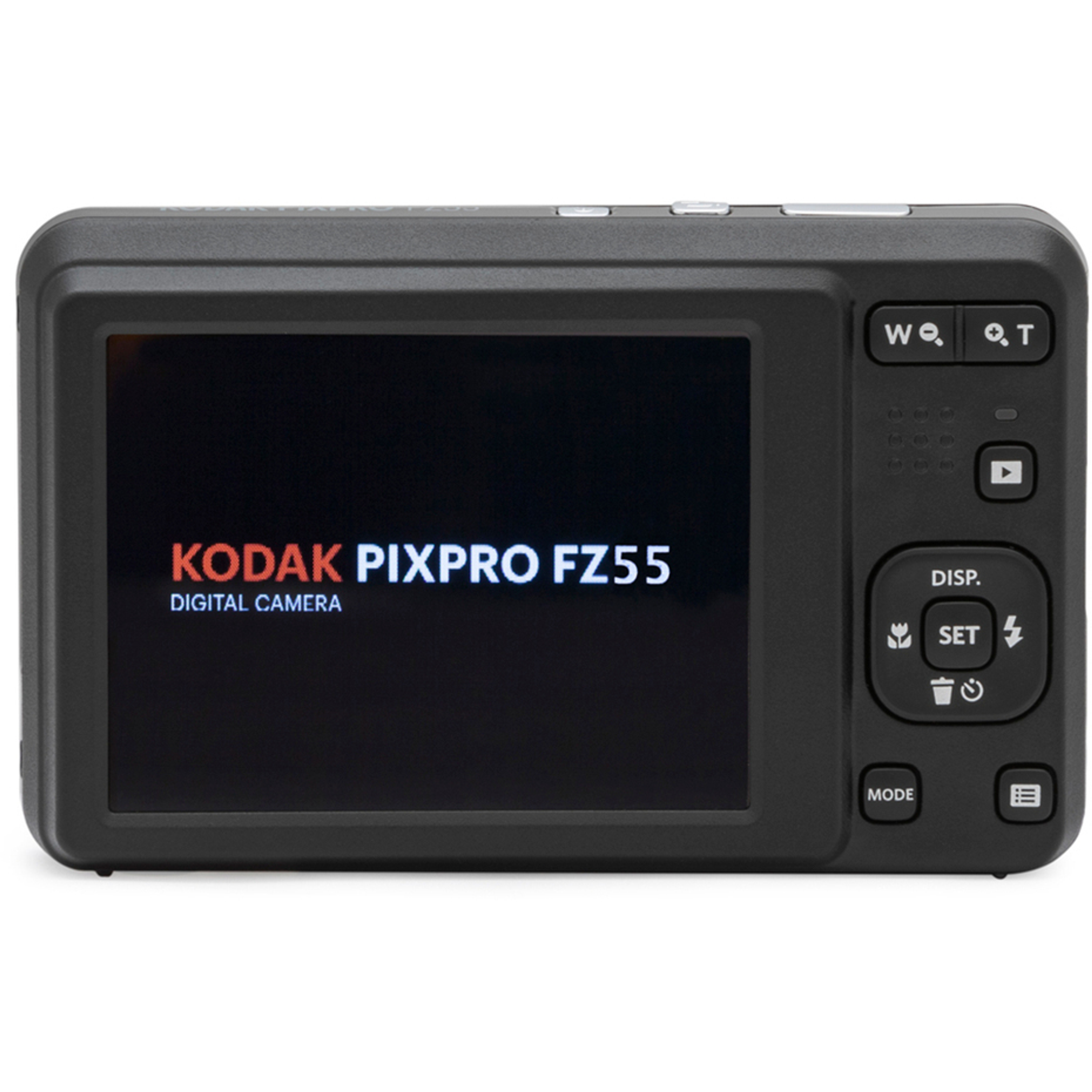 Rückseite einer schwarzen Kodak Pixpro FZ55 Digitalkamera mit leuchtendem Display.