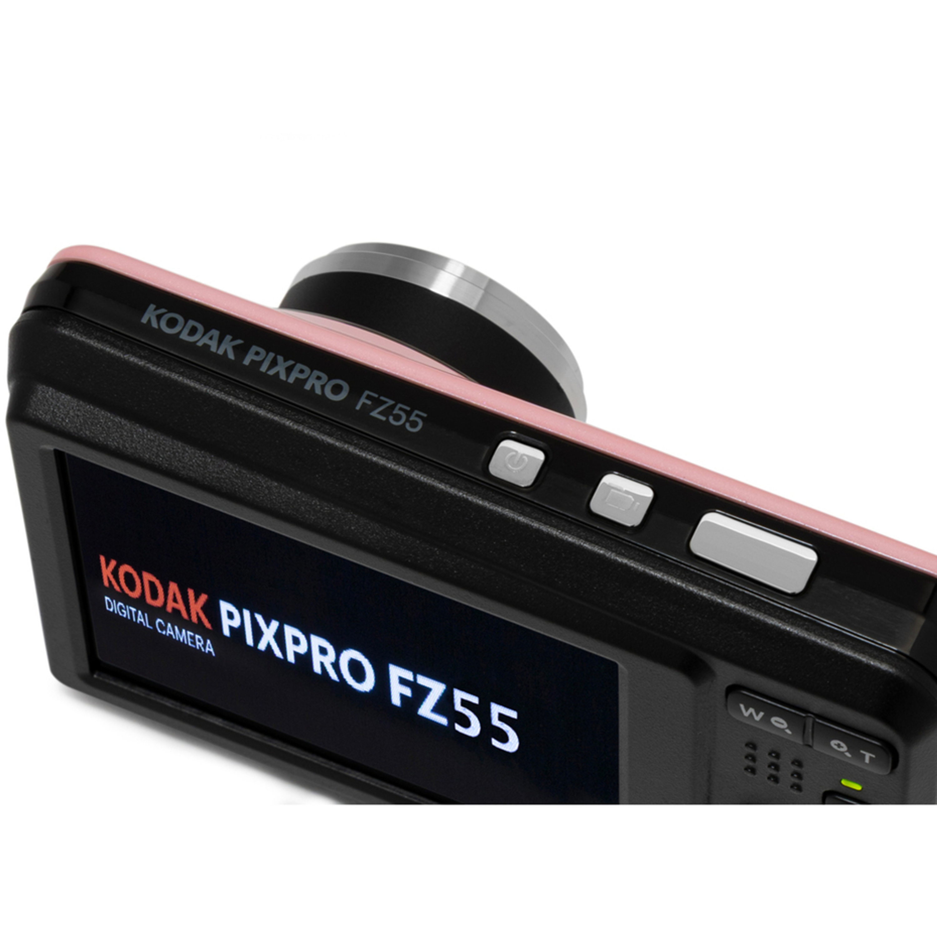 Eine schwarze und rosa Kodak Pixpro FZ55 Digitalkamera zeigt den Markennamen auf dem beleuchteten Bildschirm.