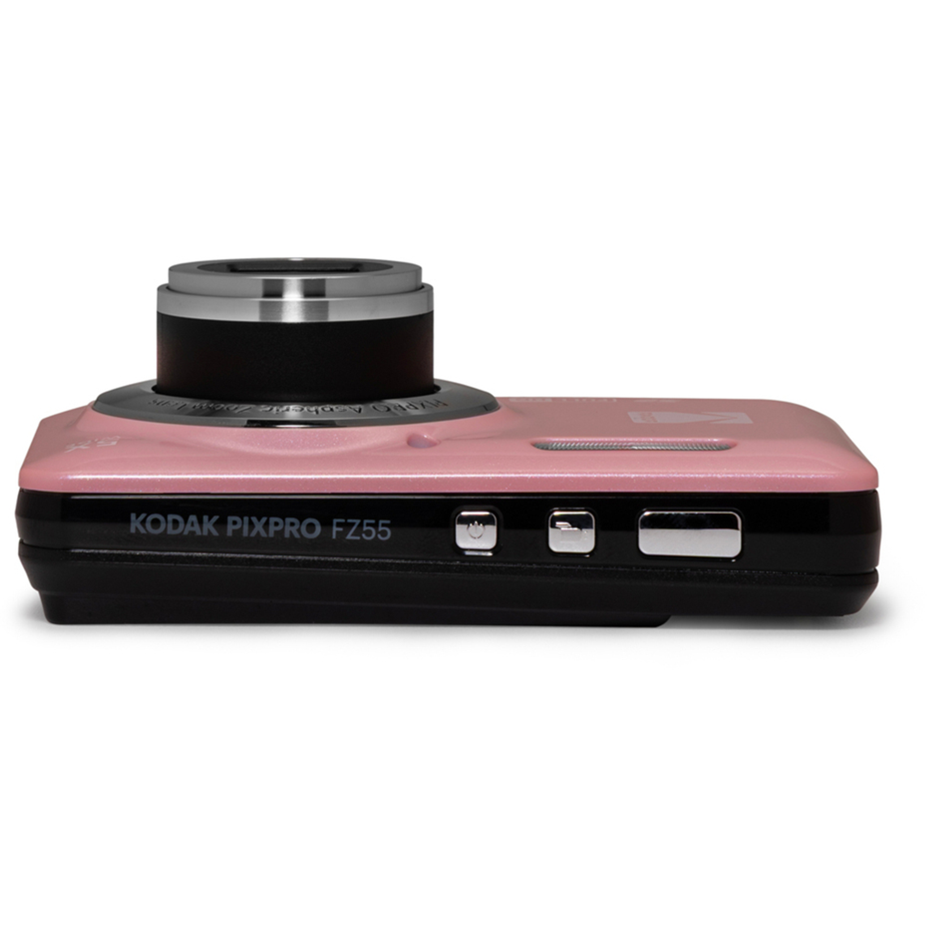 Eine pinke und schwarze Kodak Pixpro FZ55 Digitalkamera liegt auf weißem Hintergrund mit ausgefahrenem Objektiv.