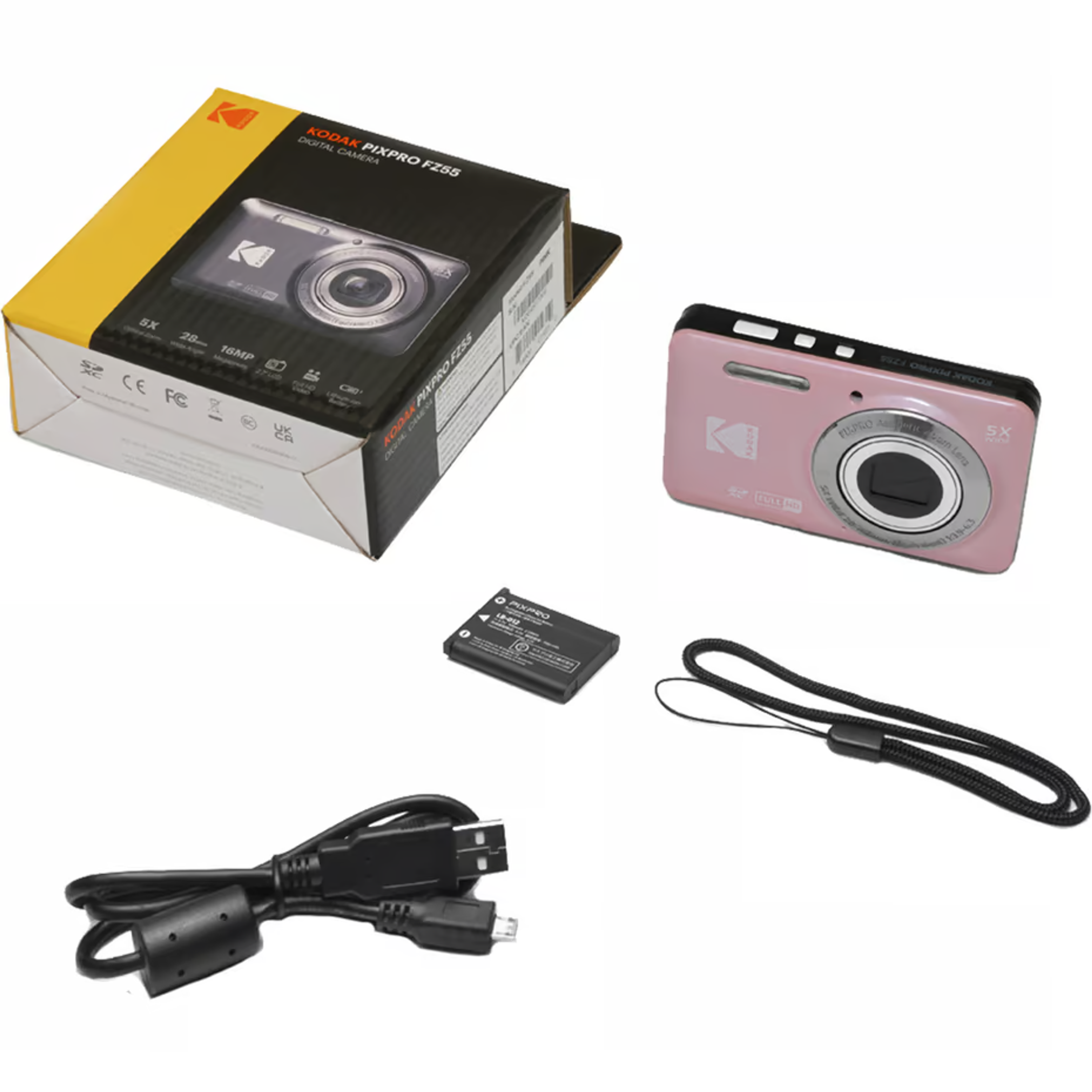 Rosa Kodak Pixpro FZ55 Digitalkamera mit Karton, Akku, USB-Kabel und Handschlaufe auf weißem Hintergrund.