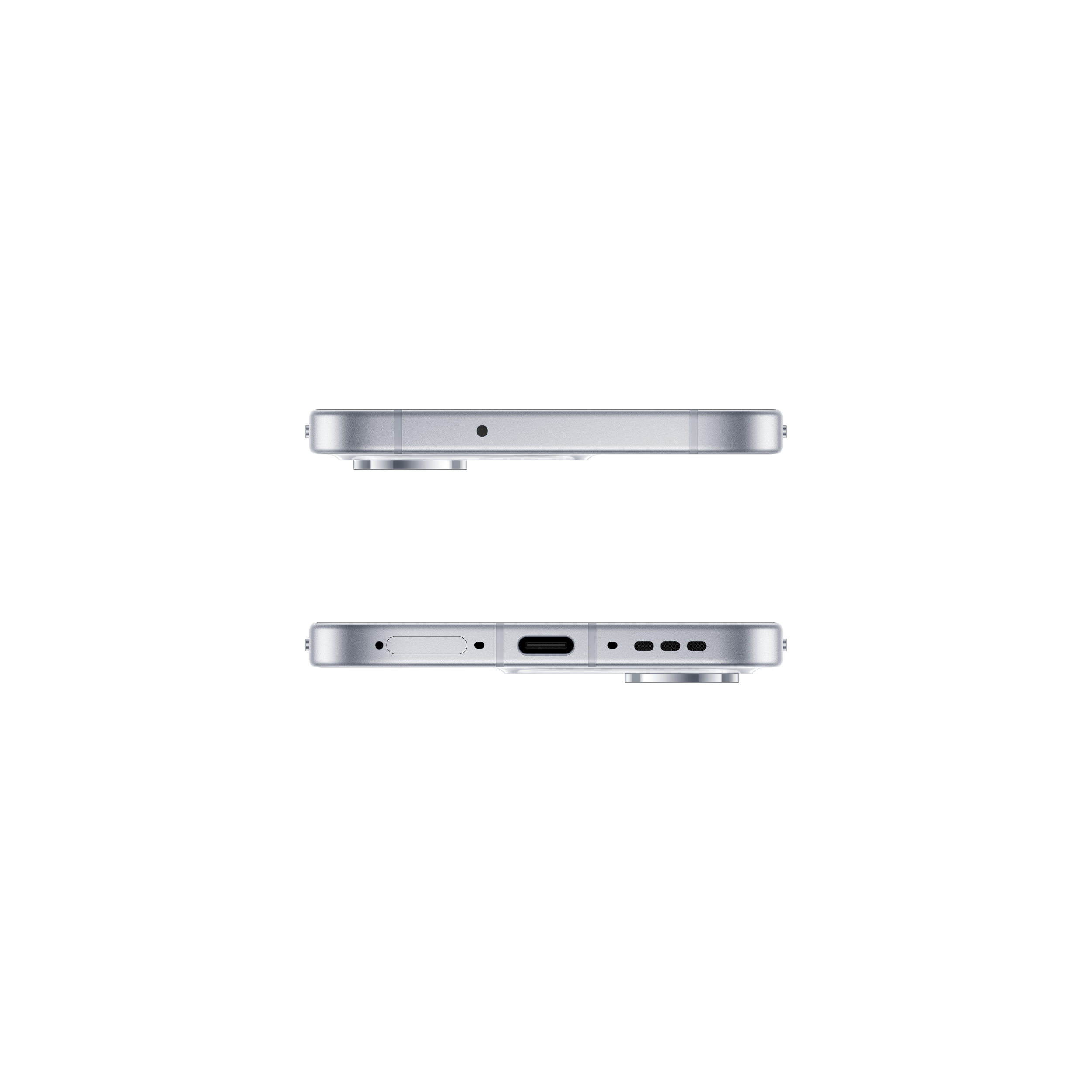 Die Ober- und Unterseite eines silbernen Smartphones mit Anschlüssen und Lautsprechern auf schwarzem Grund.