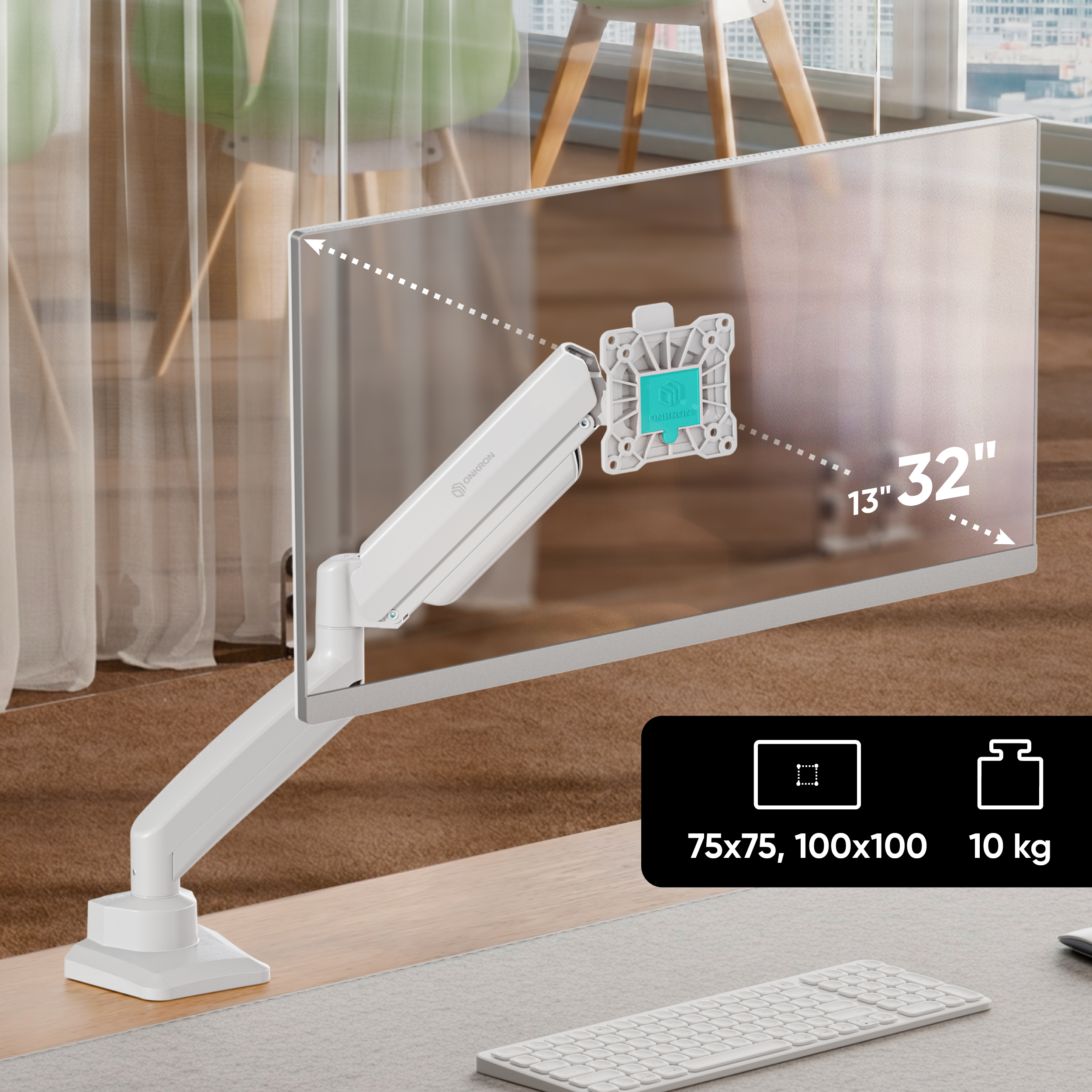 Weißer Monitorarm auf einem Schreibtisch mit transparenter Bildschirmüberlagerung, Größe 13-32 Zoll, Last 10 kg.