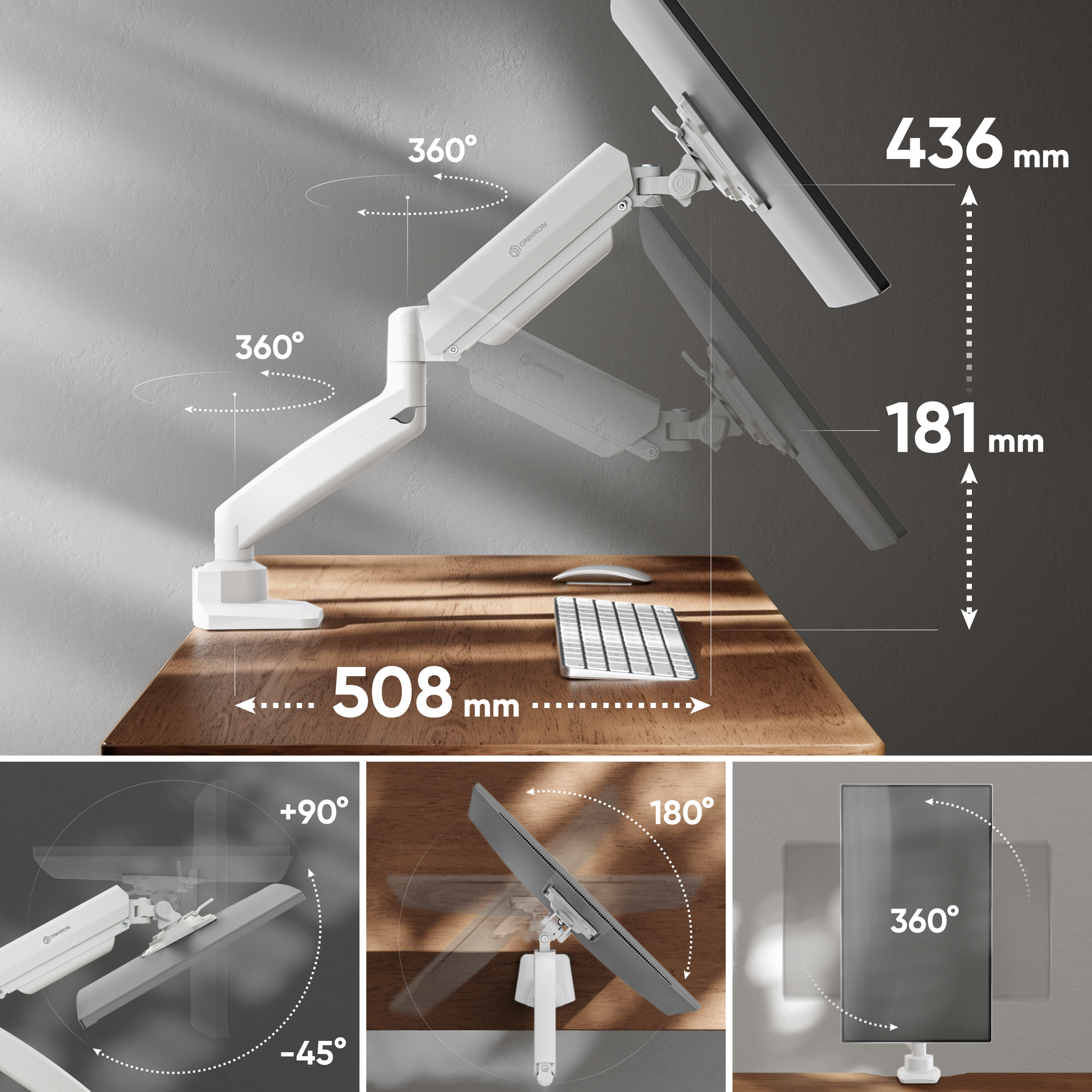 Weißer Monitorarm auf Holzschreibtisch mit Maßangaben und Bewegungsradien.