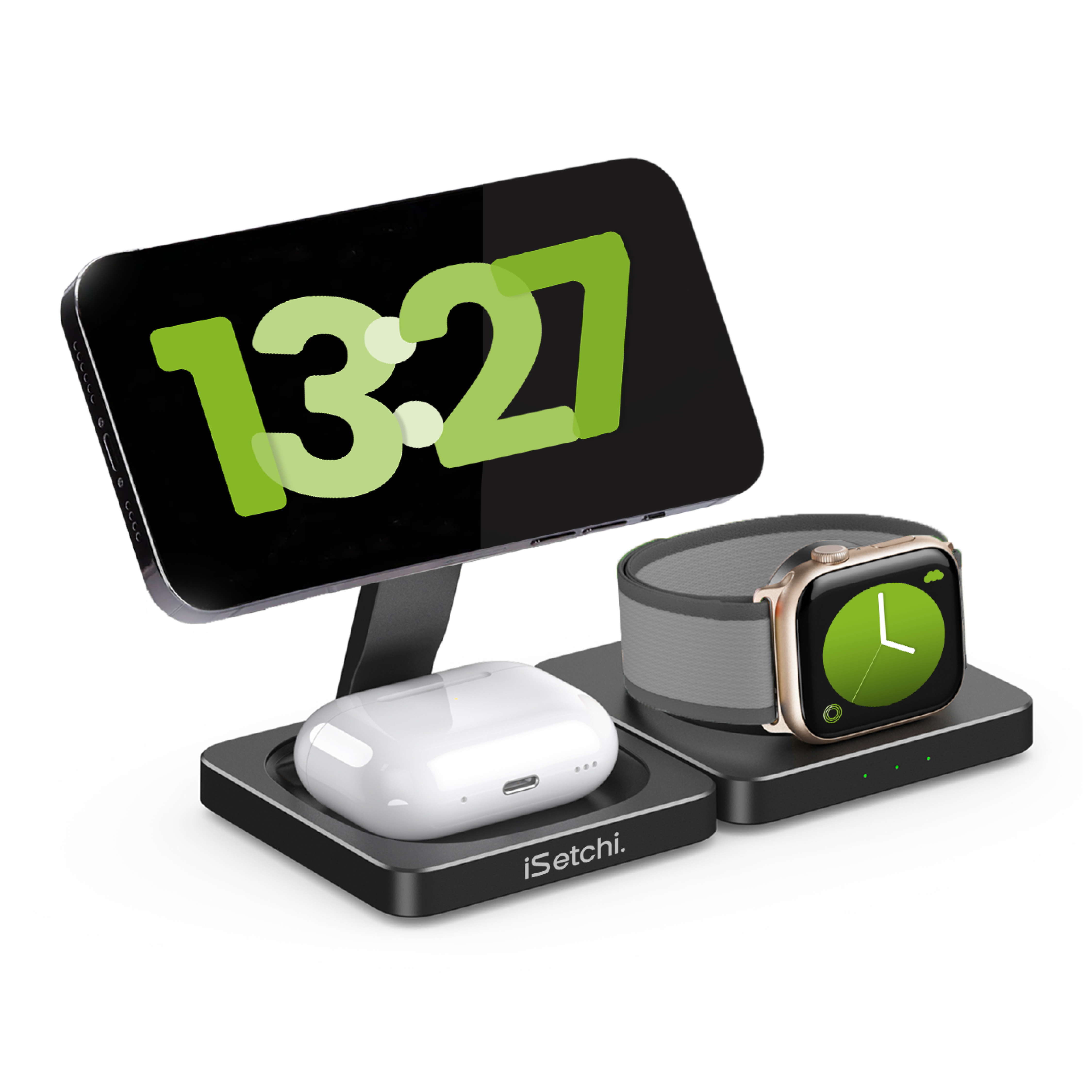 iSetchi 3-in-1 Power Base 15W – Opvouwbaar – Voor Smartphone, Smartwatch & Oordopjes Oplaadstation