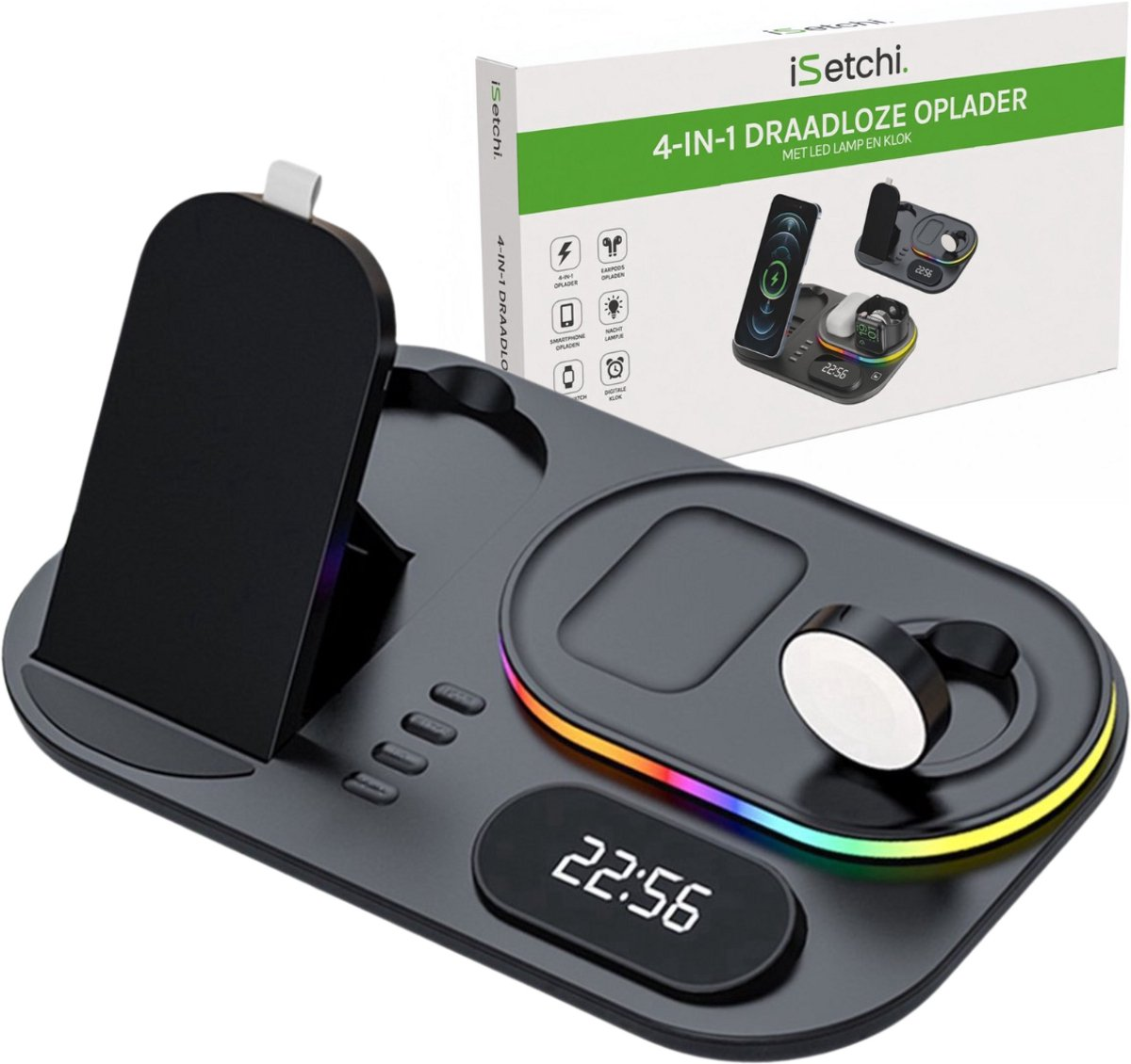 iSetchi 4-in-1 Qi 15W Snellader – Met LED-klok & Nachtlamp – Voor Smartphone, Smartwatch & Oordopjes Oplaadstation