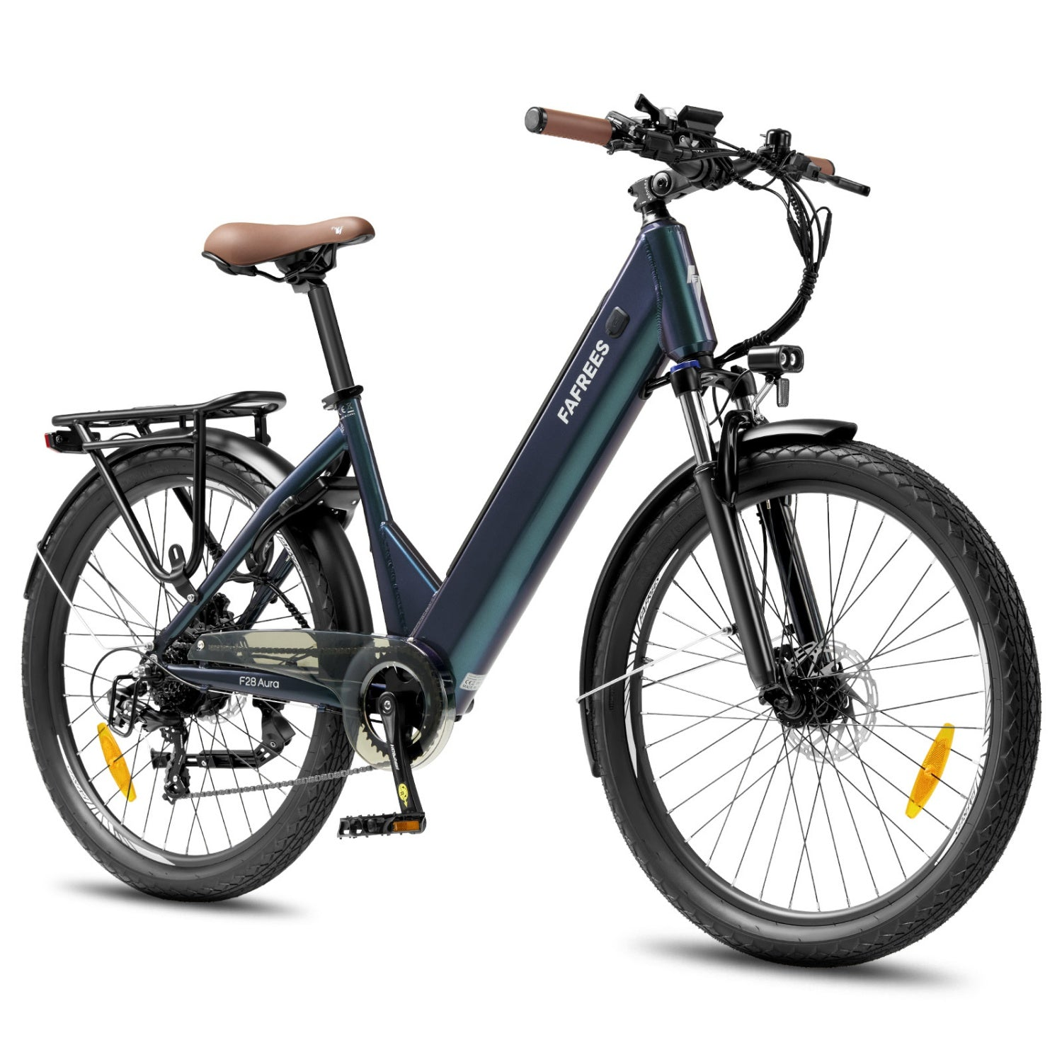 Ein blaues FAFREES E-Bike mit tiefem Einstieg, braunem Sattel und Gepäckträger auf weißem Hintergrund.