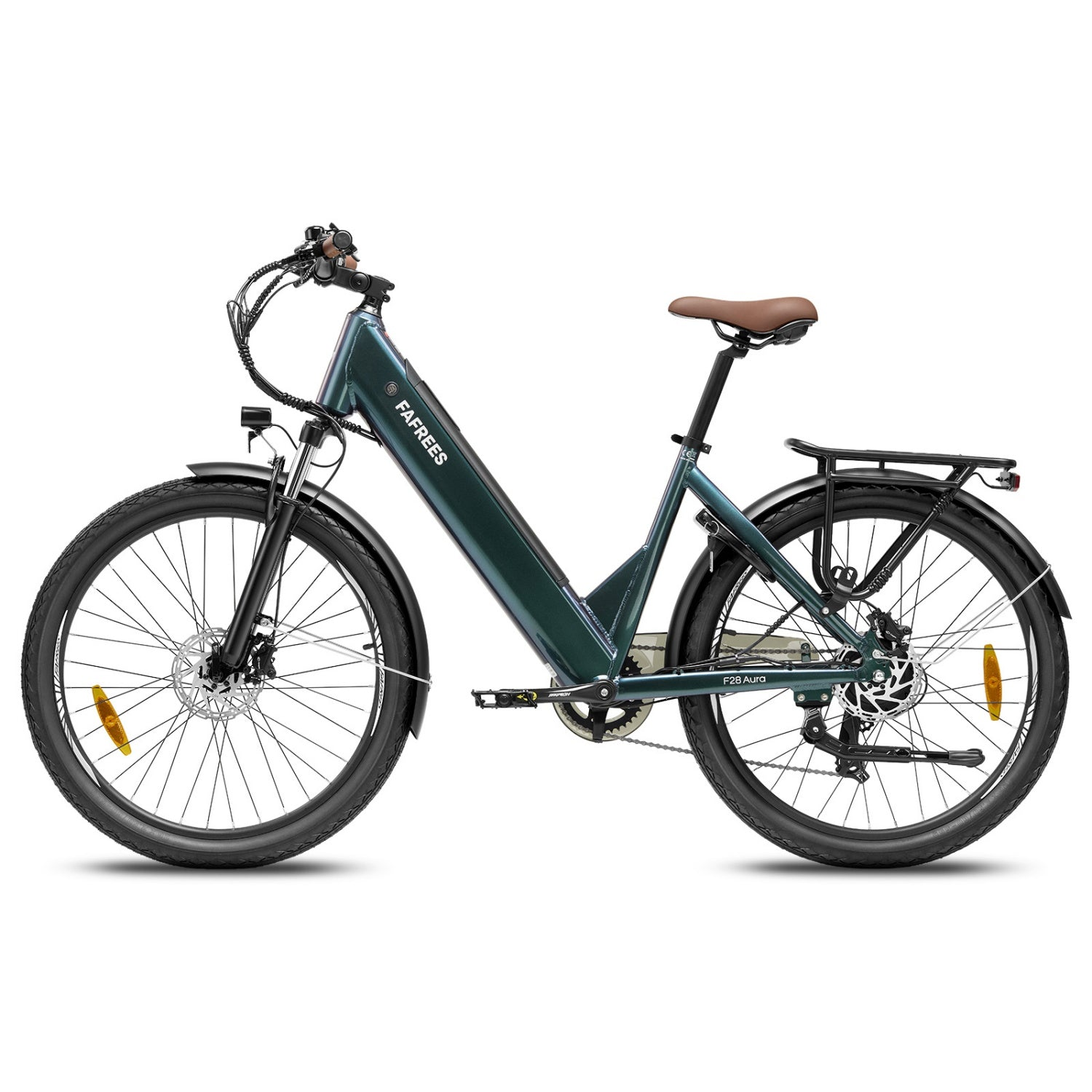 Dunkelgrünes Fafrees F28 Aura E-Bike mit braunem Sattel, Frontscheinwerfer, Gepäckträger und Scheibenbremsen.