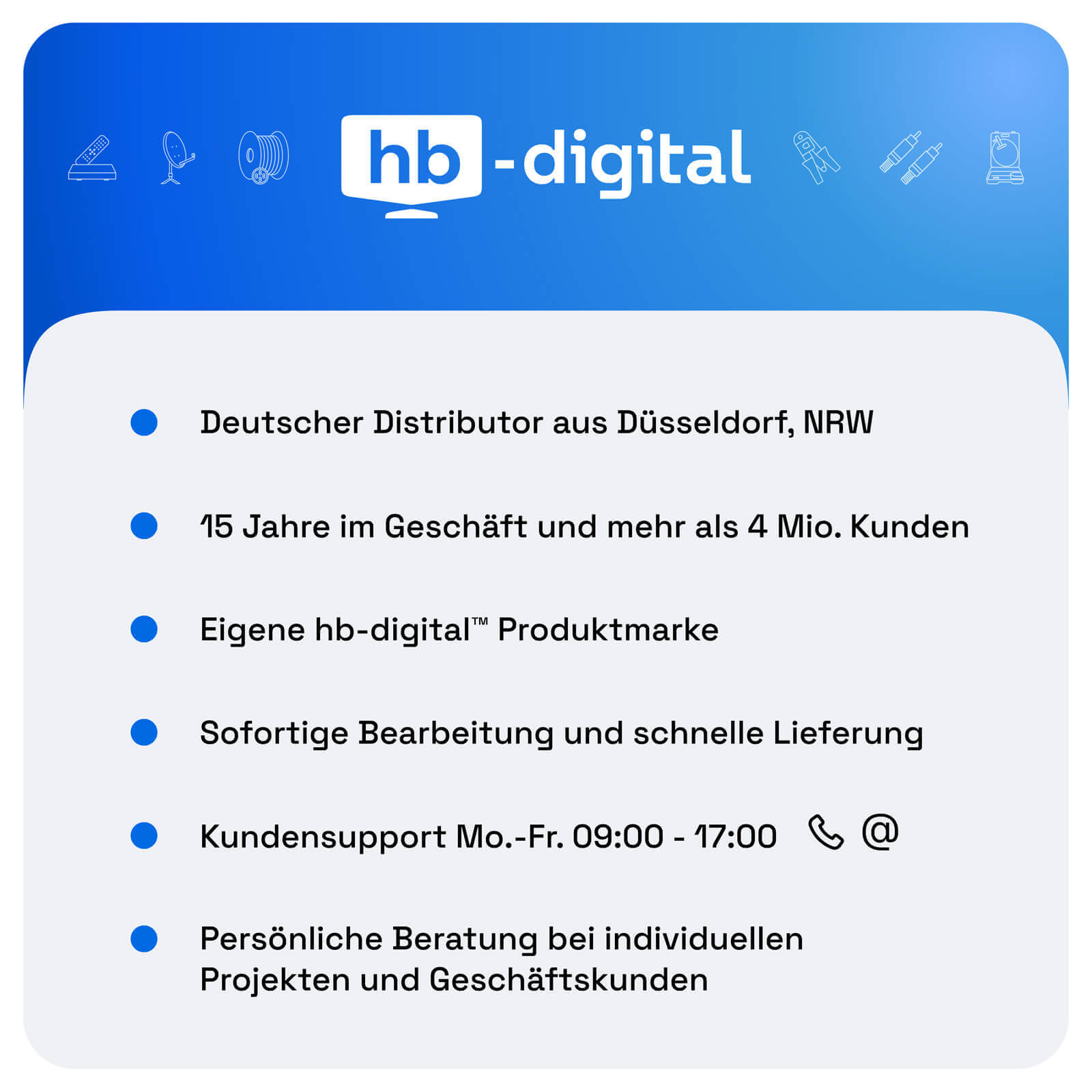 Blauer Banner mit dem hb-digital-Logo und sechs Stichpunkten zu Unternehmensvorteilen.