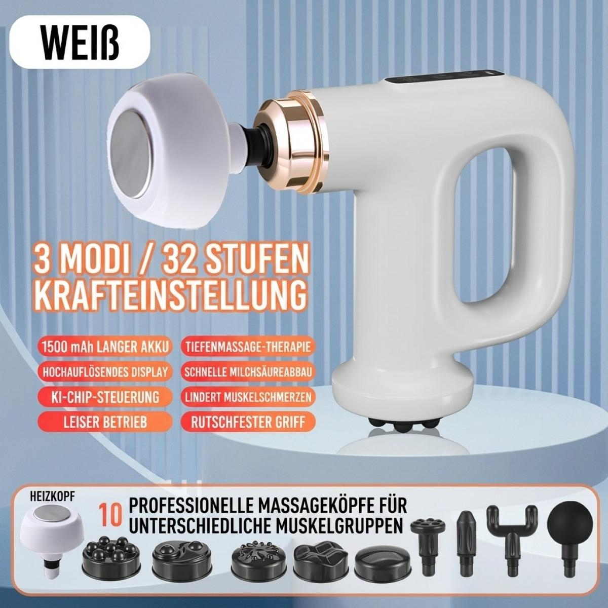 Eine weiße Massagepistole mit Goldakzenten, verschiedenen Aufsätzen und Werbetexten vor blauem Hintergrund.
