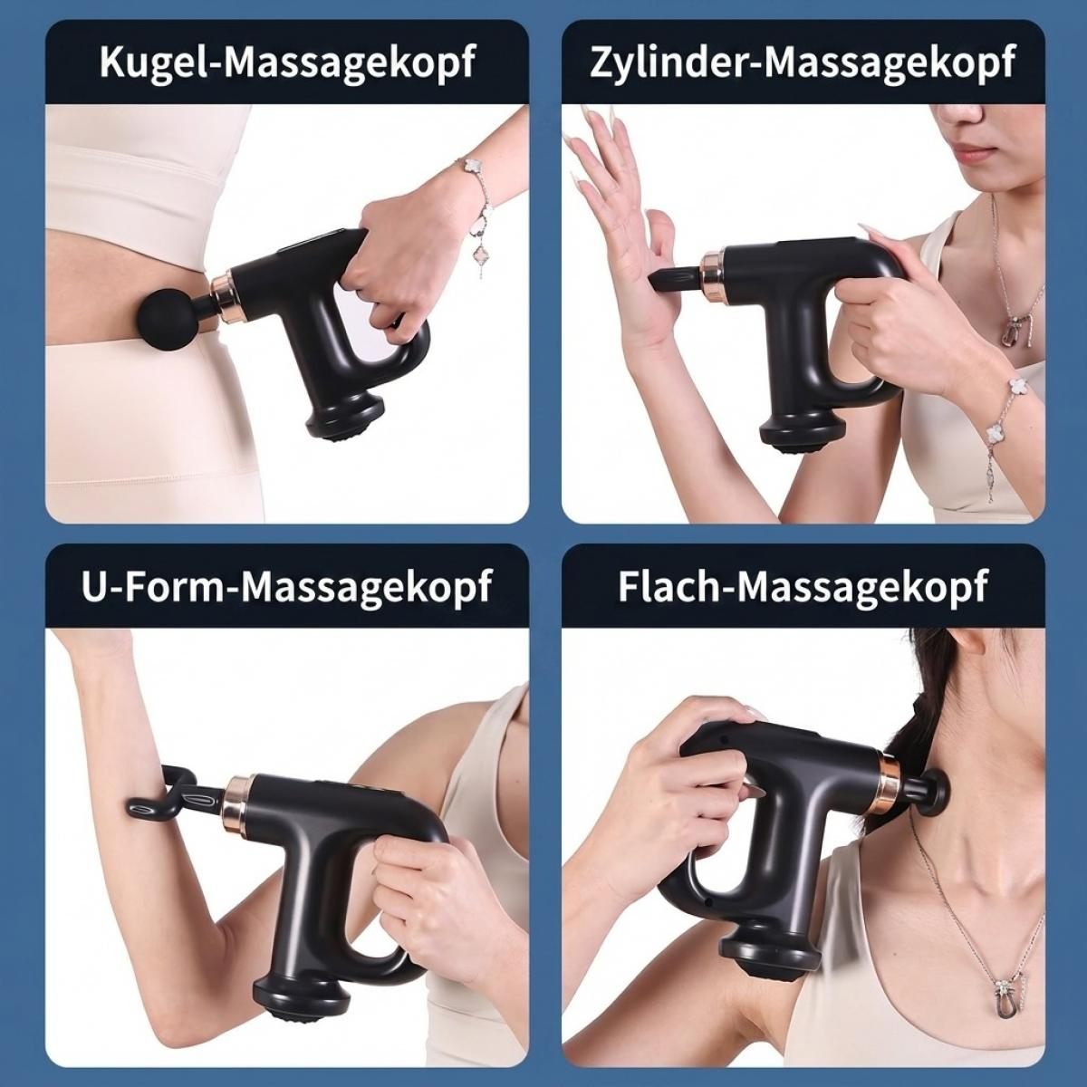 Vier Bilder zeigen eine Person, die eine schwarze Massagepistole mit verschiedenen Aufsätzen anwendet.