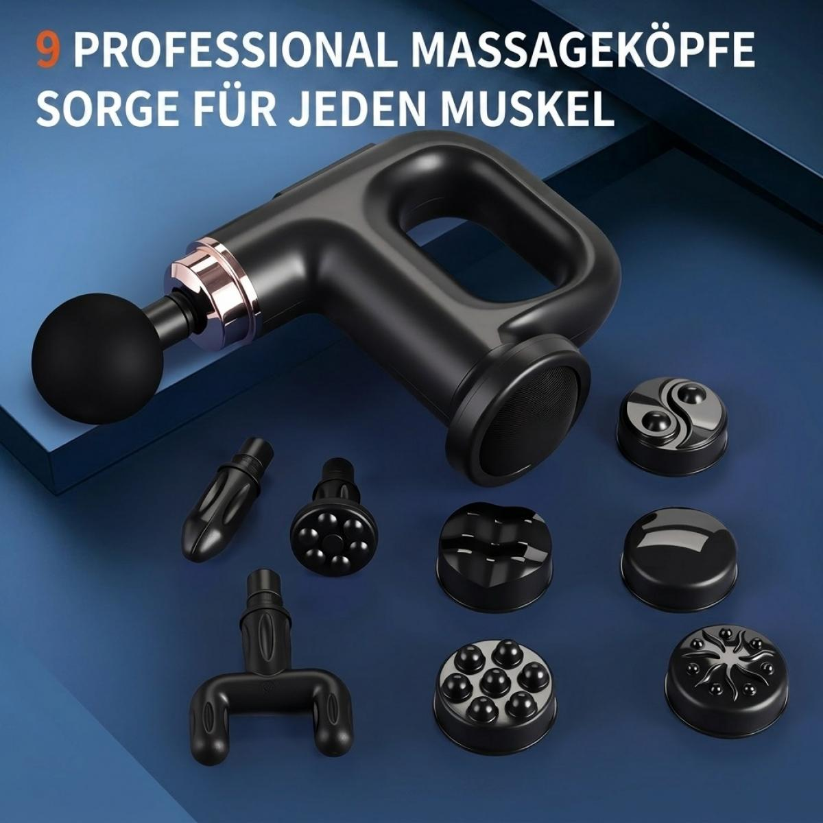 Schwarze Massagepistole mit neun verschiedenen Aufsätzen auf blauem Hintergrund und Text.