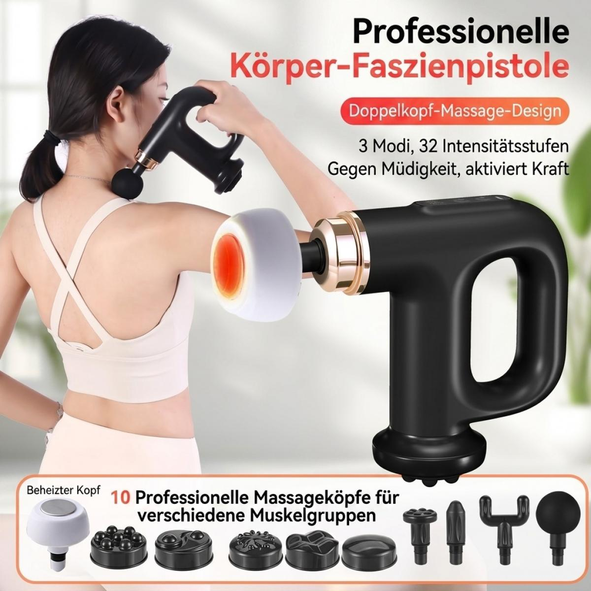 Eine Frau benutzt eine schwarze Massagepistole am Nacken, mit verschiedenen Aufsätzen unten.