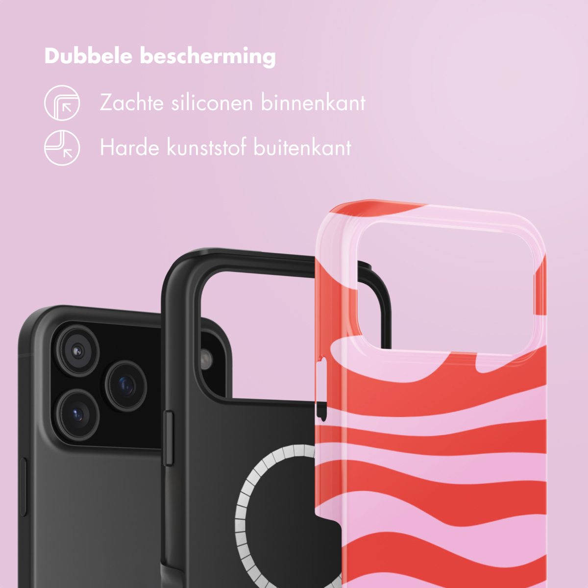 Rosa Werbebild mit Handyhüllen mit weicher Silikoninnenseite und hartem Kunststoff.