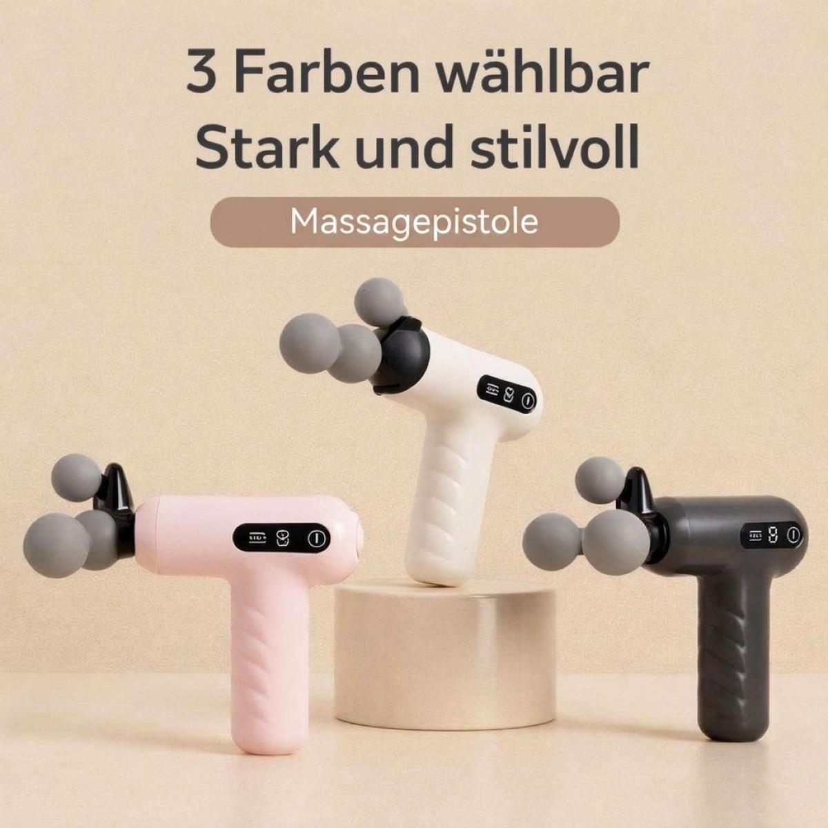 Drei Massagepistolen in Weiß, Pink und Schwarz mit runden Aufsätzen auf einem beigen Hintergrund mit Text.