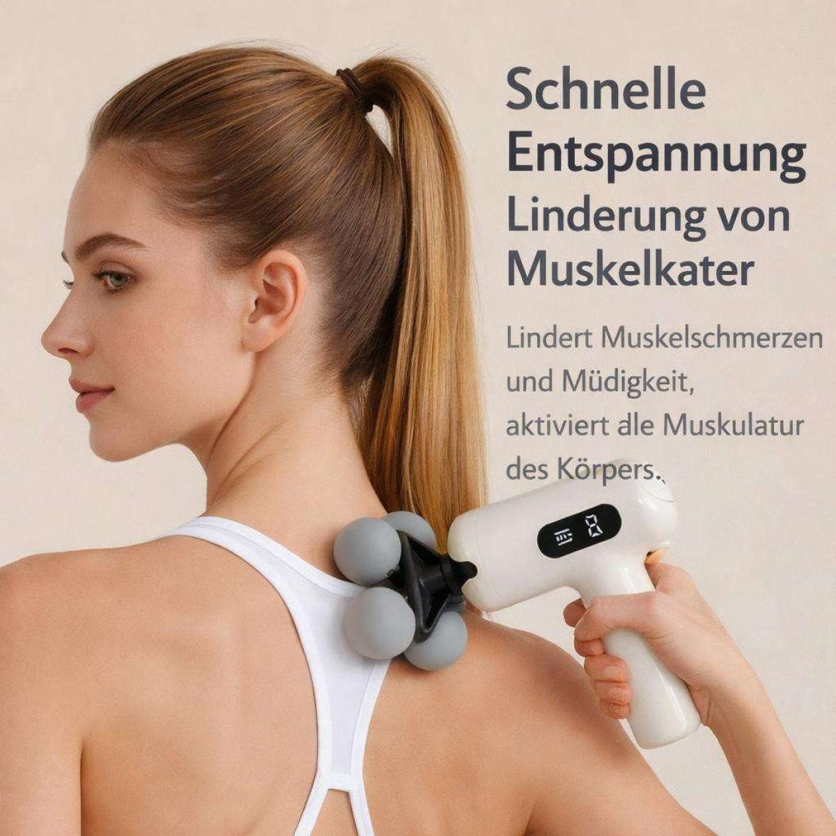 Eine Frau nutzt ein weißes Massagegerät an ihrer Schulter, mit Text im Hintergrund.