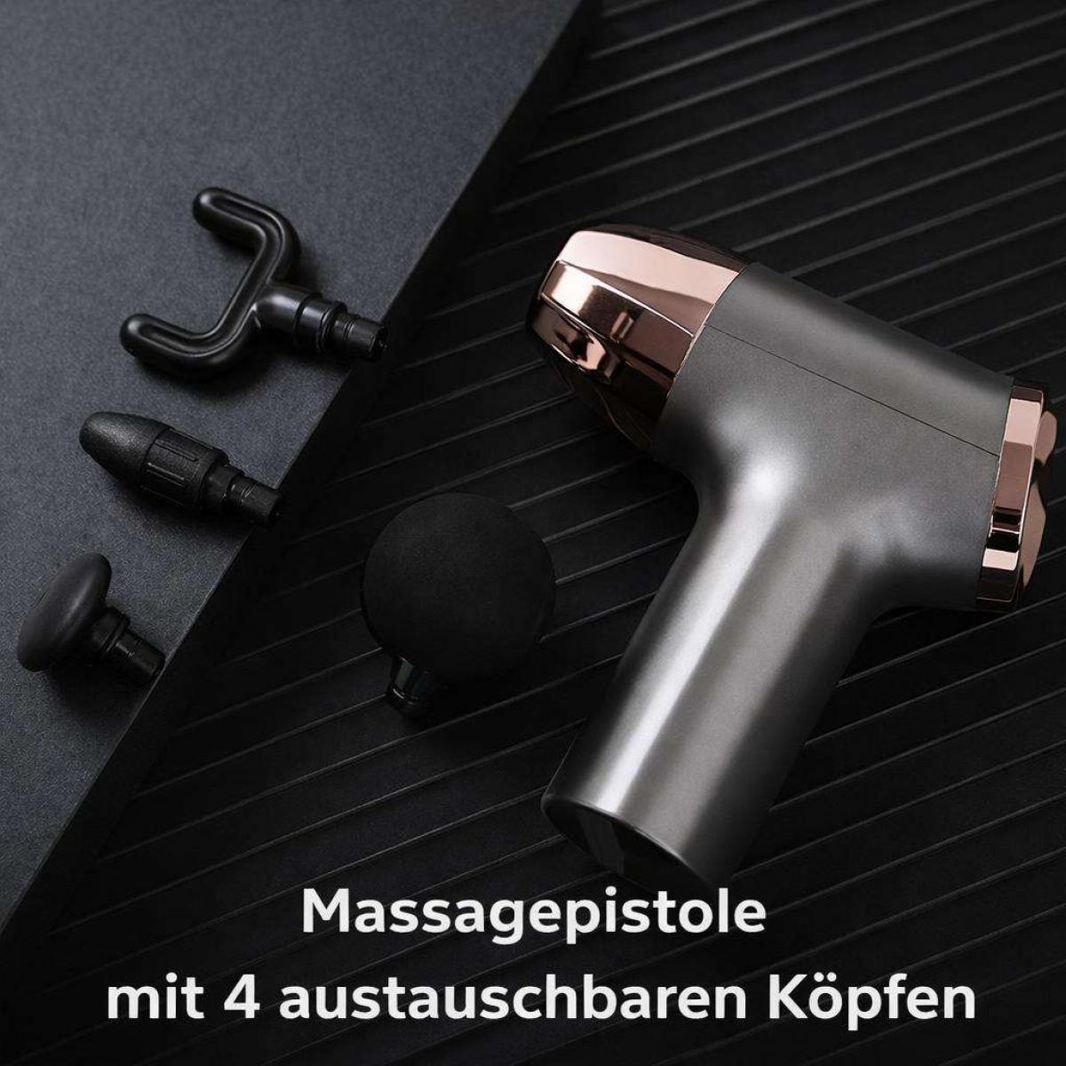 Eine graue und roségoldene Massagepistole mit vier austauschbaren Aufsätzen auf schwarzem Hintergrund.