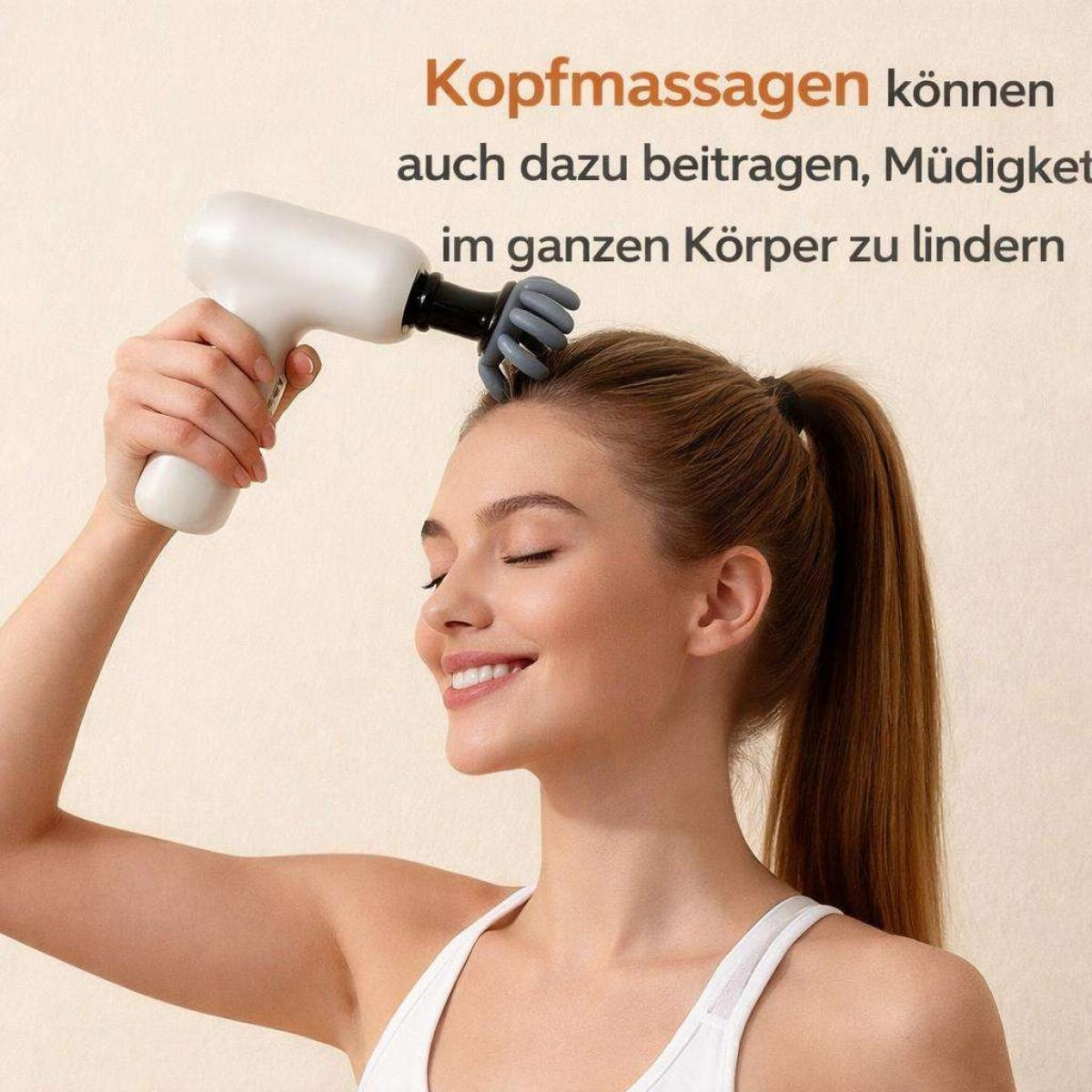 Eine Frau nutzt ein Massagegerät am Kopf, mit deutschem Text oben.